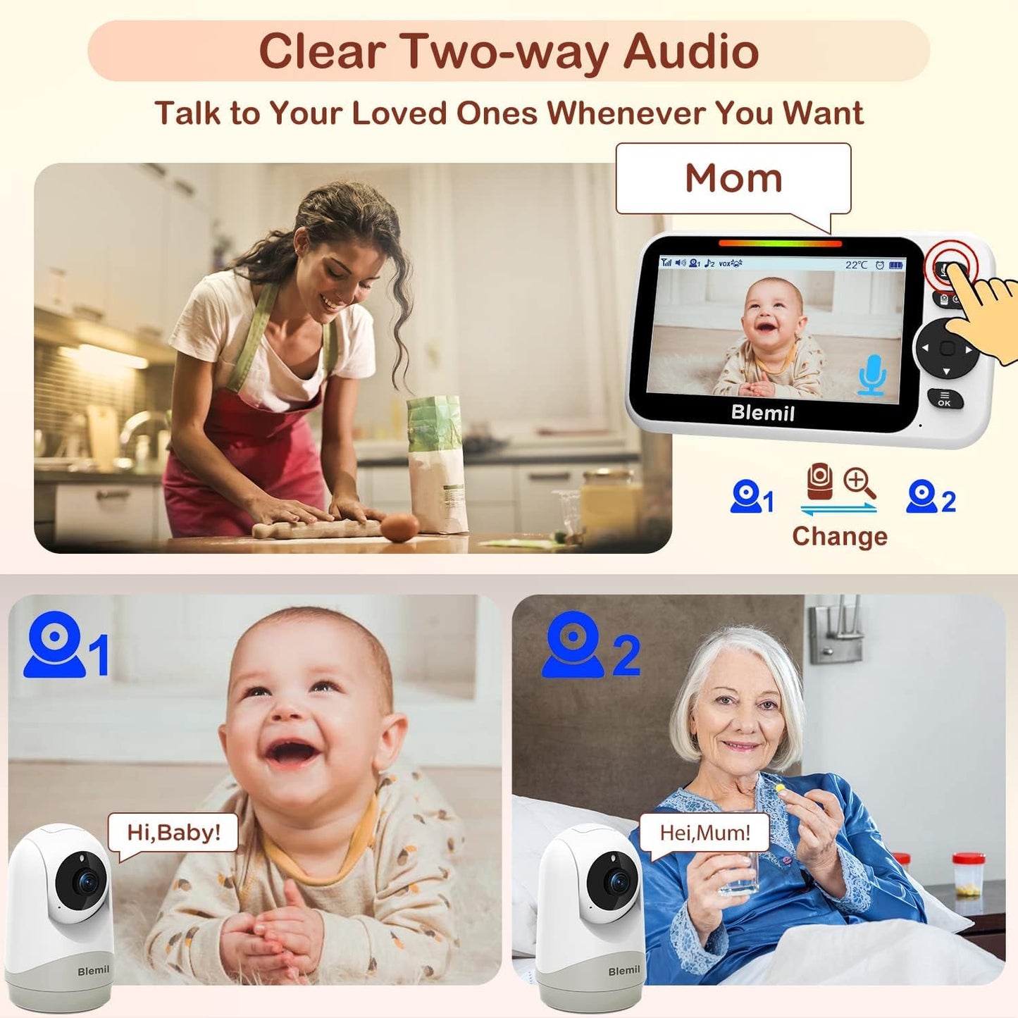 Blemil Upgrade Baby Monitor with 30-Hour Battery, 5" Large Split-Screen Video Baby Monitor with 2 Cameras and Audio, Remote Pan/Tilt/Zoom, Two-Way Talk, Room Temperature, Auto Night Vision - Medaid International