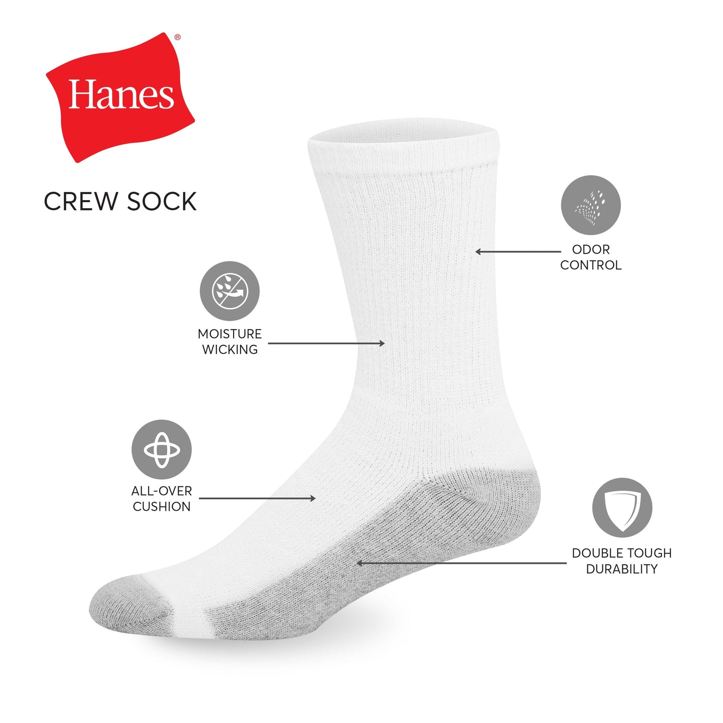 Hanes Mens Double Tough Socks, 12-pair Pack Crew Socks, White/Grey Foot Bottom, 6-12 - Medaid International