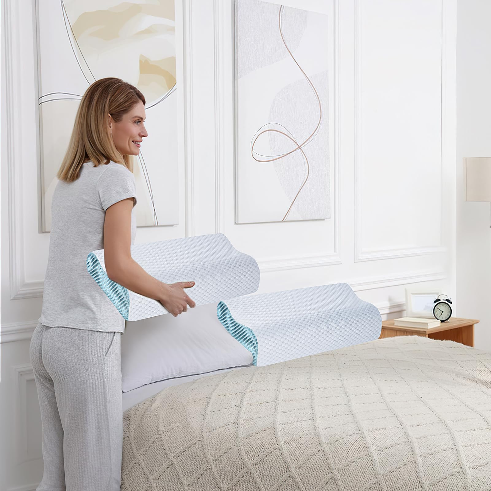 2 Pack Memory Foam Cooling Bed Pillows for Sleeping, Ergonomic Cervical Pillow for Neck and Shoulder Pain Relief, Adjustable Cold Pillow Set of 2,with Pillowcase(Blue) - Medaid International
