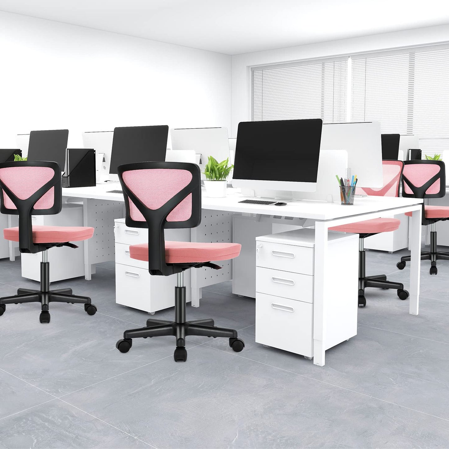 DUMOS Armless Desk Chairs with Wheels, Ergonomic Adjustable Home Office Swivel Rolling Task Chair No Arms, Comfy Mesh Mid Back Computer Work Vanity Desk Seat for Small Spaces, Light Pink - Medaid International