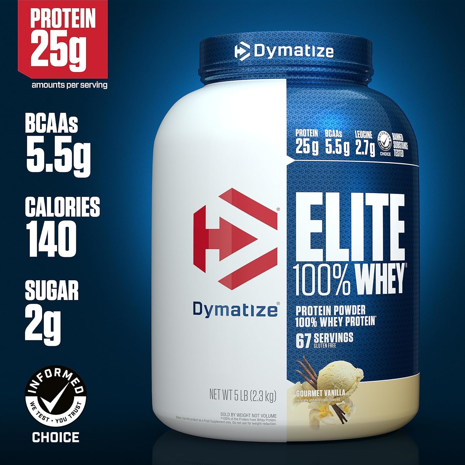 Dymatize Elite 100% Whey Protein Powder, Vanilla, 25g of Protein, 5.5g BCAAs, Less Than 140 Cal., Gluten Free, 2g Carb, 2g Sugar, 3g Fat (67 Servings) - Medaid International