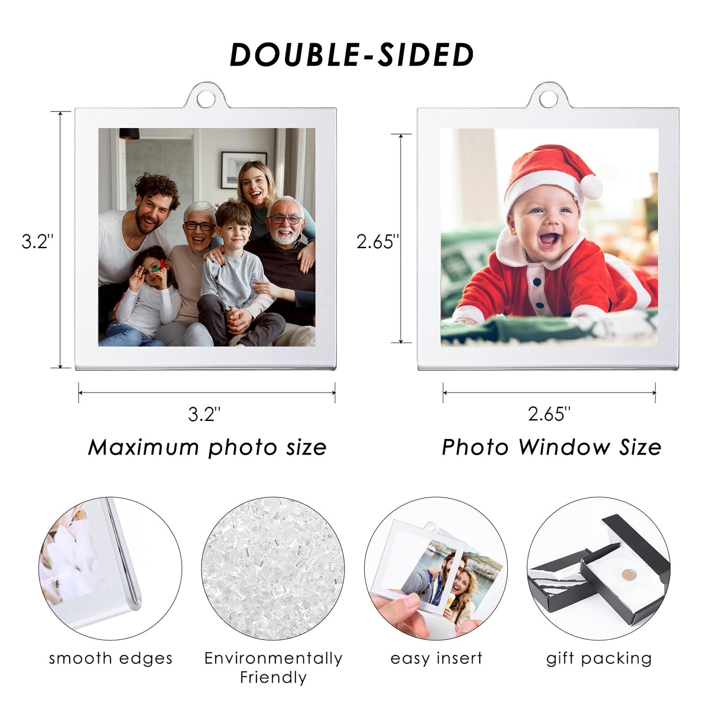 UNIQOOO 3.2 x 3.2 inch Christmas Acrylic Silver Photo Frame Ornaments for Display Picture, 6 Pcs Festive Hanging Decoration, Double-Sided Picture Frames for Holiday Season Home Party Xmas Tree Decor - Medaid International