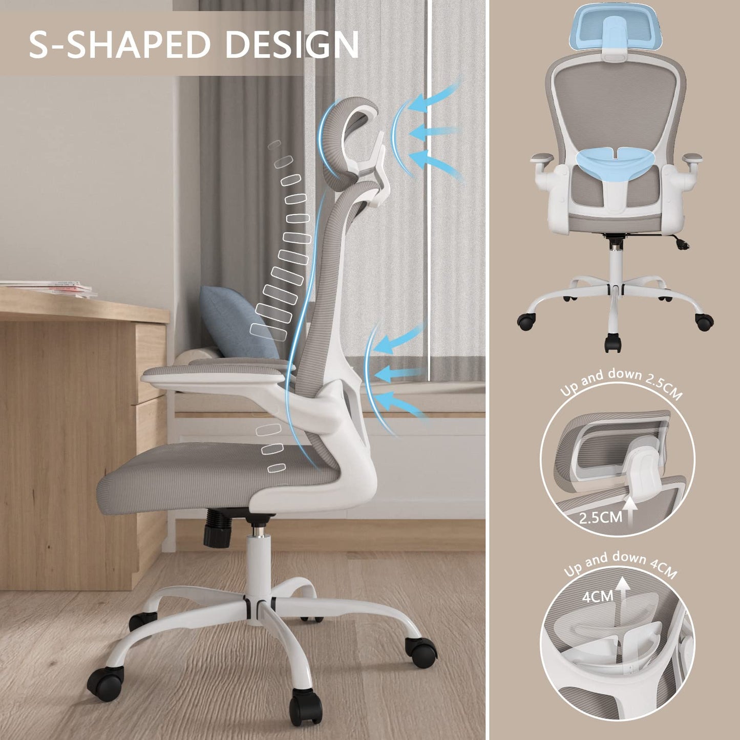 Office Chair, High Back Ergonomic Desk Chair, Breathable Mesh Desk Chair with Adjustable Lumbar Support and Headrest, Swivel Task Chair with flip-up Armrests, Executive Chair for Home Office - Medaid International