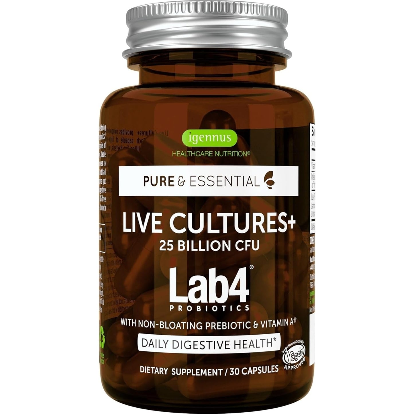 Live Cultures+ Lab4 Probiotics & Prebiotic, Vegan, Non-GMO, Lactobacillus Acidophilus & Bifidobacterium, Guaranteed 25 Billion CFU, Non-Bloating Gut Health Support, 30 Capsules, by Igennus - Medaid International
