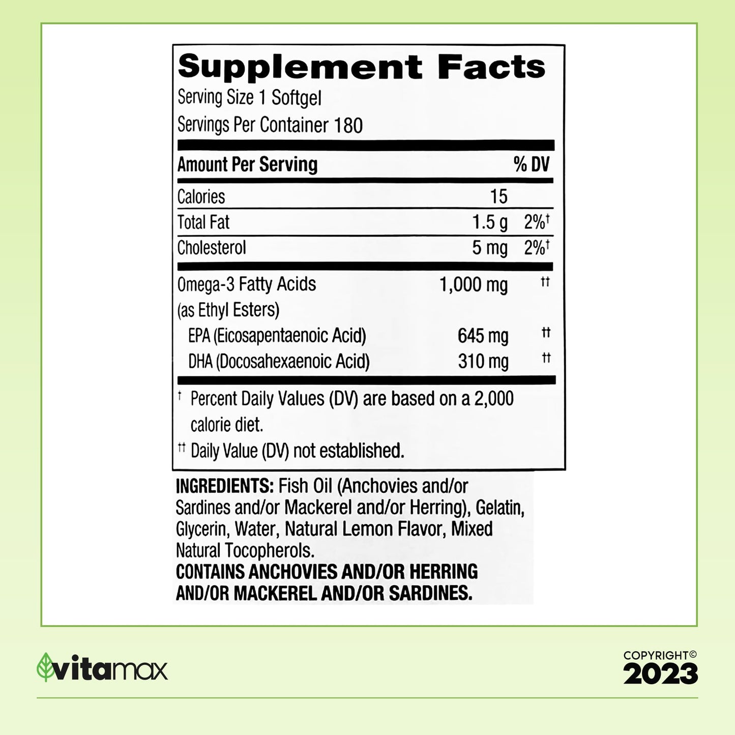 Generic Spring Valley Omega-3 from Fish Oil 1000 mg, Maximum Care, 180 Count + Exclusive VitaMax Vitamin Guide (2 Items) - Medaid International