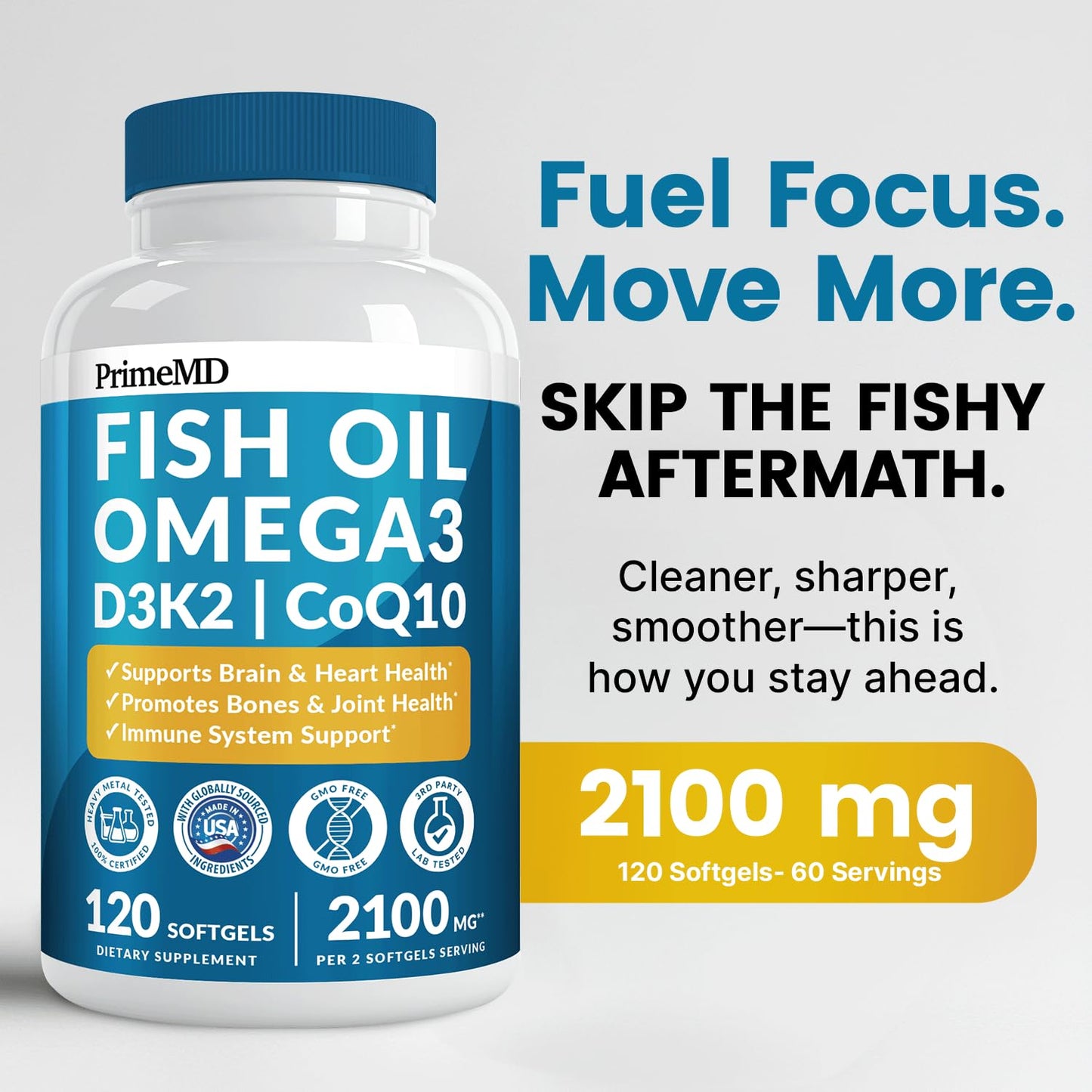 5-in-1 Fish Oil Omega 3 Fatty Supplements (2100mg) - Omega 3 Fish Oil with Vitamins D3 K2 and CoQ10 - Lemon Flavored (120 softgels, Pack of 4) - Medaid International