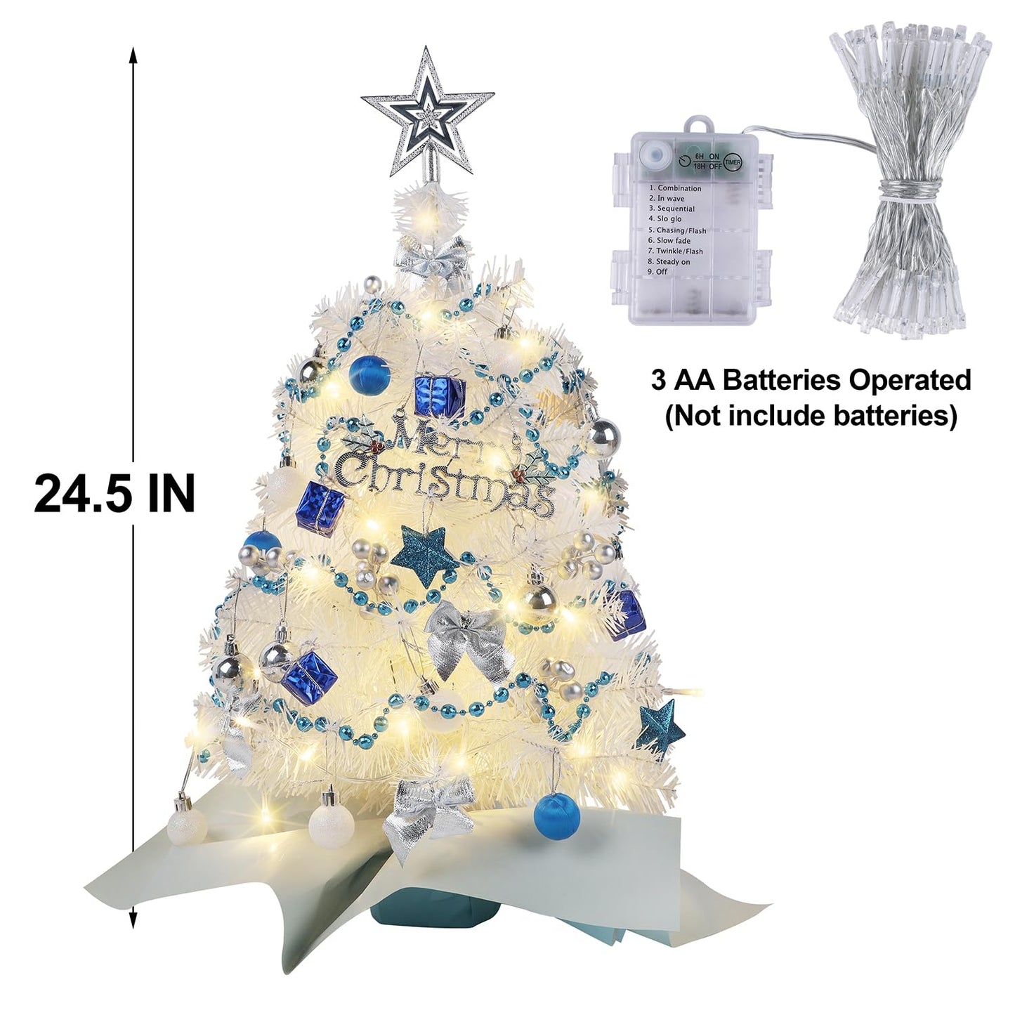 Juegoal White Mini Christmas Tree, 24 Inch/2 FT Lighted Tabletop Artificial Xmas Pine Tree, Small Spruce Tree Light Up Battery Operated & Timer with 50 LED Lights, for Holiday Winter Home Party Decor - Medaid International