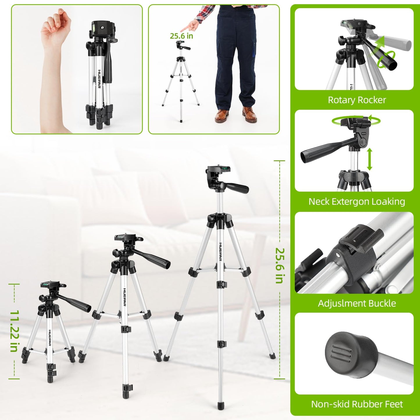 Laser Level with Tripod, HUEPAR 98Ft Self Leveling Laser Level Green Line Laser Cross Line Laser Leveler Tool for Picture Hanging, Tile, Home Renovation, Indoor Project, Battery&Carrying Bag Included - Medaid International