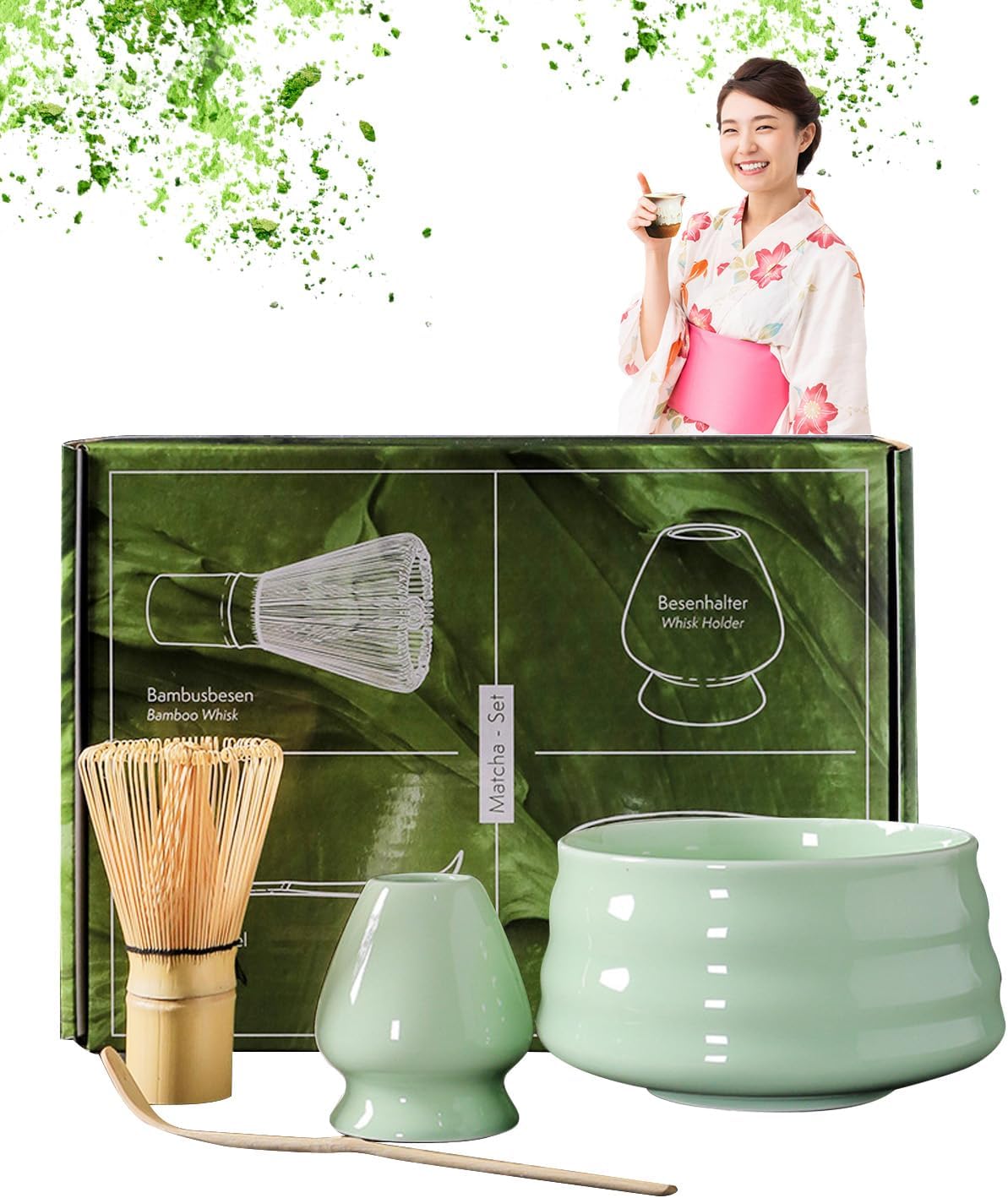 Matcha Tea Whisk Set,Japanese Tea Set,Matcha Tool Set,Matcha Ceremony Accessories With Matcha Bowl, Matcha Bamboo Whisk, Scoop,Scoop stand,Tea Cloth,Whisk Holder,Stainless Steel Tea Sifter(7 Pcs Set) - Medaid International