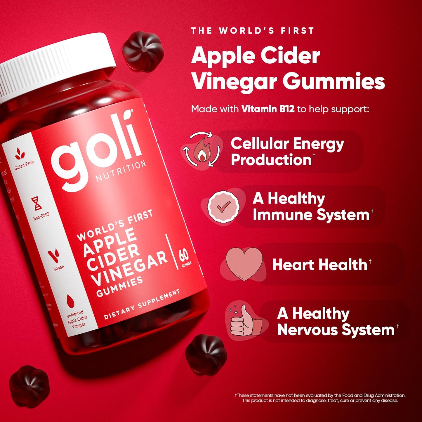 Goli Apple Cider Vinegar Gummy Vitamins - 60 Count - Vitamin B12, Gelatin-Free, Gluten-Free, Vegan & Non-GMO - Medaid International