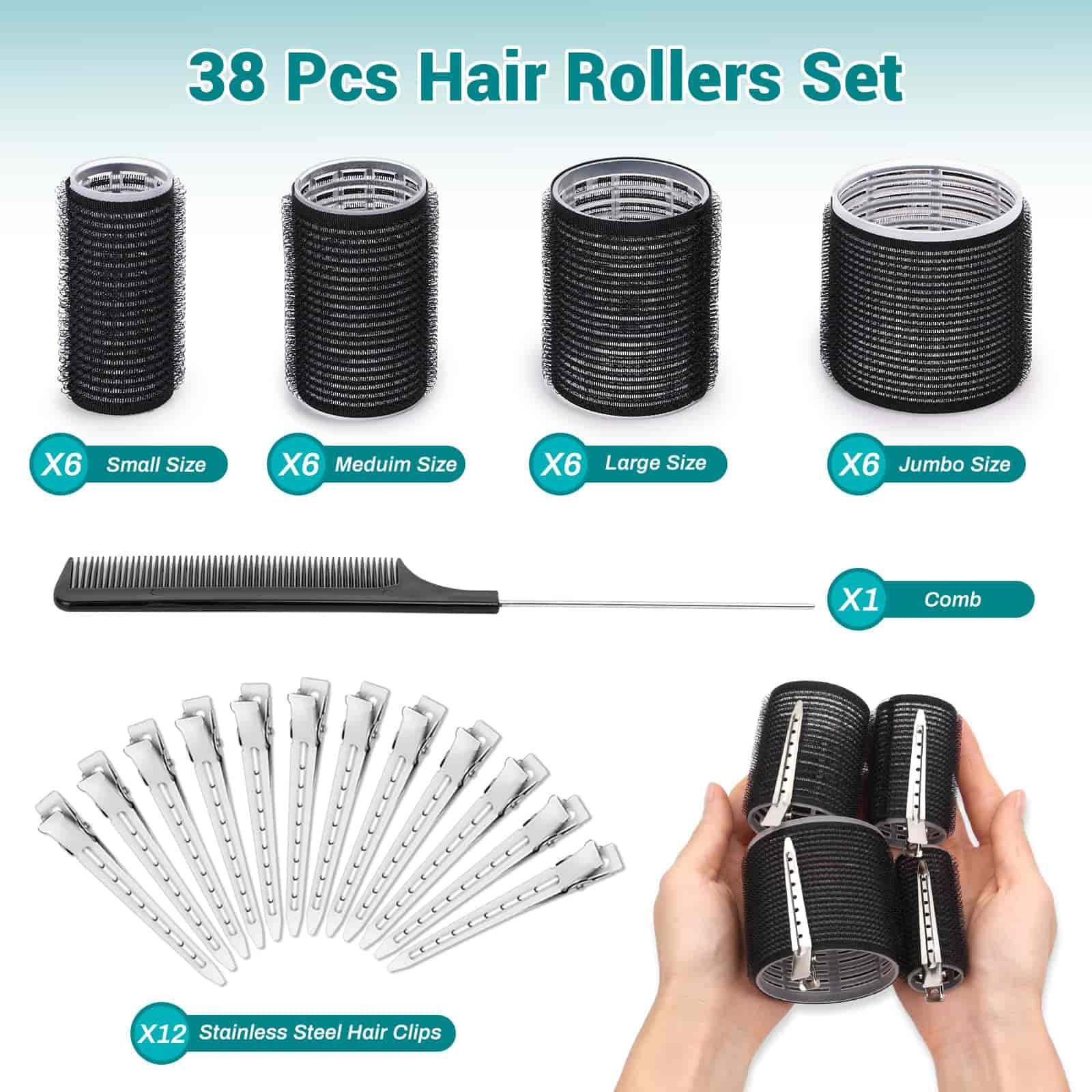 Acejoz Hair Rollers for Blowout Look, 38 Pcs Self Grip Hair Rollers Set with 4 Sizes, 12 Pcs Hair Clips, Comb and Storage Bag for Hair Volume (Black) - Medaid International