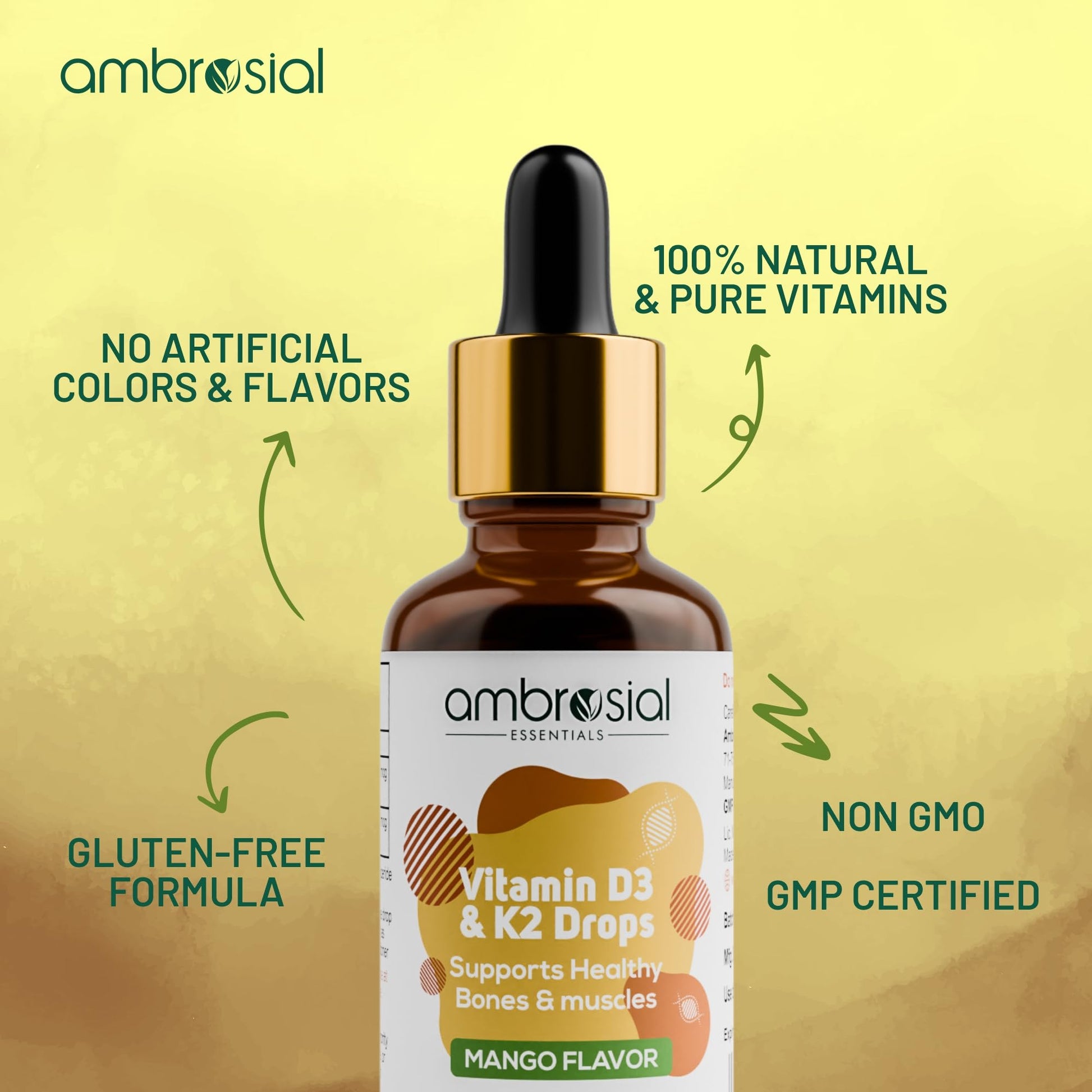 AMBROSIAL Vitamin D3 K2 Drops - for Adults and Kids (Pack of 1-30ml) - Medaid International