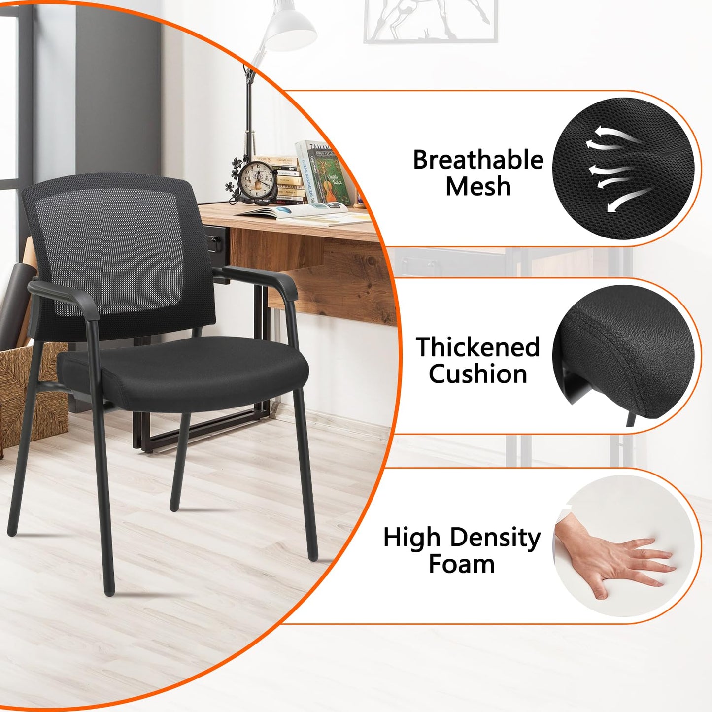 CLATINA Office Reception Guest Chair Mesh Back Stacking with Ergonomic Lumbar Support and Thickened Seat Cushion for Waiting Conference Room Black - Medaid International