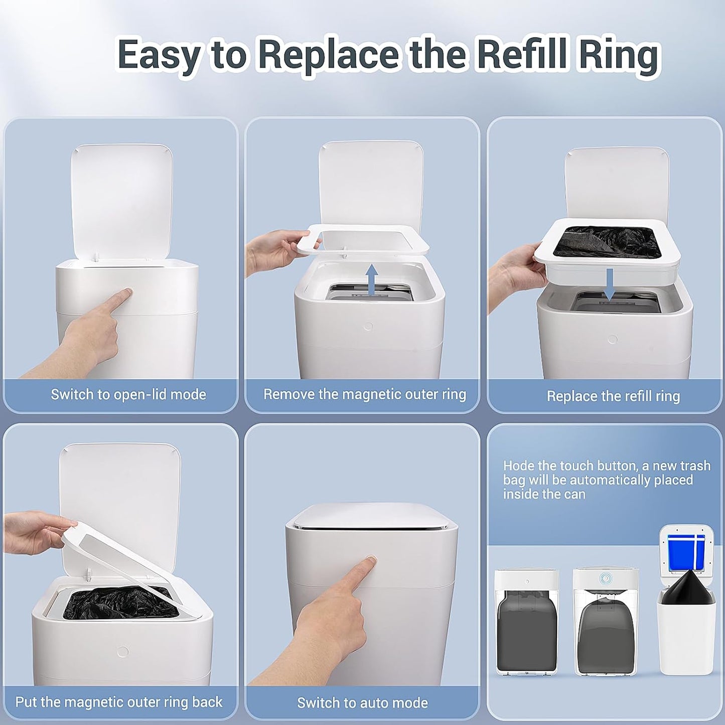 TOWNEW R01C Replacement Refill Rings for T1/T1S/T AIR X/T Air Lite Smart Trash Cans, Strong Trash Bags for Automatic Kitchen Trash Can, 4.1 Gallon, 6 Pack - Up to 150 Garbage Bags - Medaid