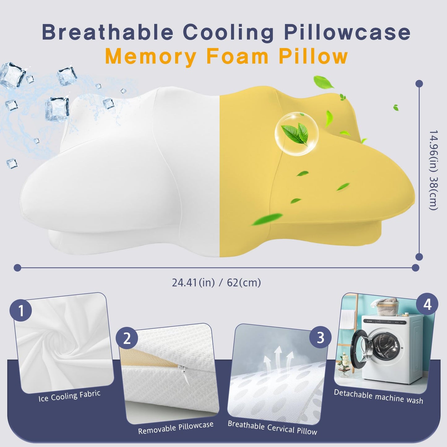 Dual-Height Cervical Neck Pillow for Pain Relief, Memory Foam Pillows with Cooling Tech -3D Ergonomic Support, Cooling Cover, for Side/Back/Stomach Sleeper Pillow, Minimalist Style - White - Medaid International
