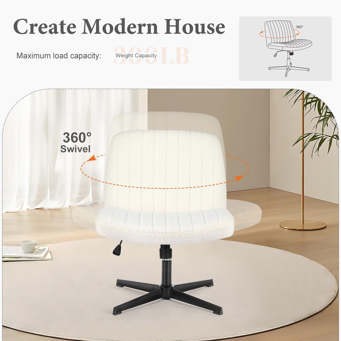 Sweetcrispy Criss Cross Chair Legged, Armless Office Swivel Desk Chair No Wheels, Vanity Height Adjustable Wide Seat Computer Task Seating - Teddy Cream - Medaid International