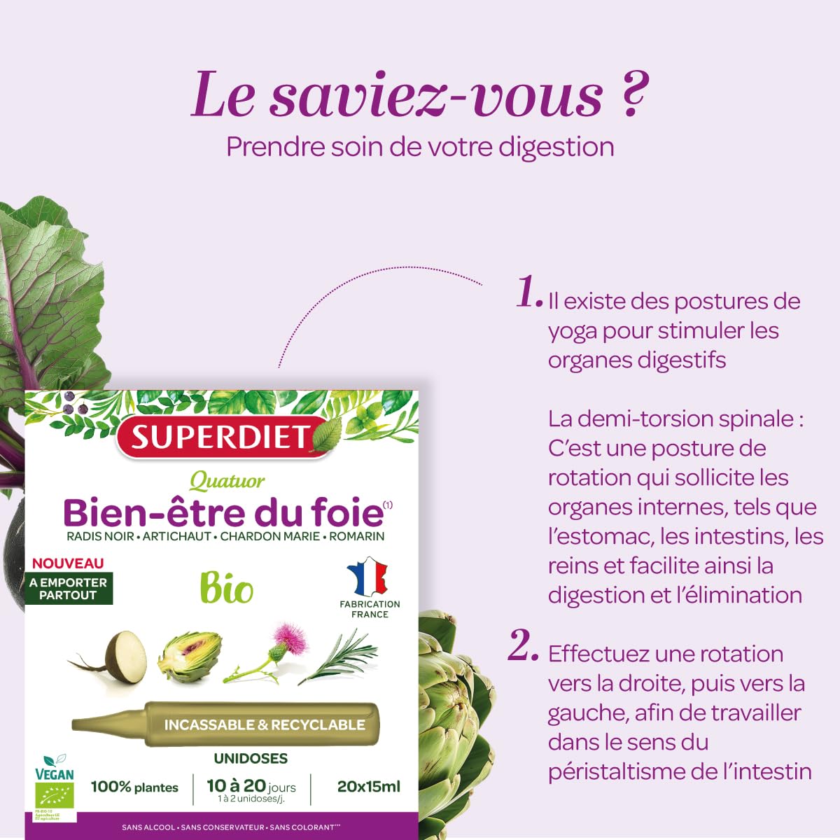 SUPERDIET-QUATUOR DIGESTION BIO-Bien-être du foie-Radis Noir Artichaut Chardon Marie Romarin-Format nomade- 20 Unidoses de 15 ml - Medaid International