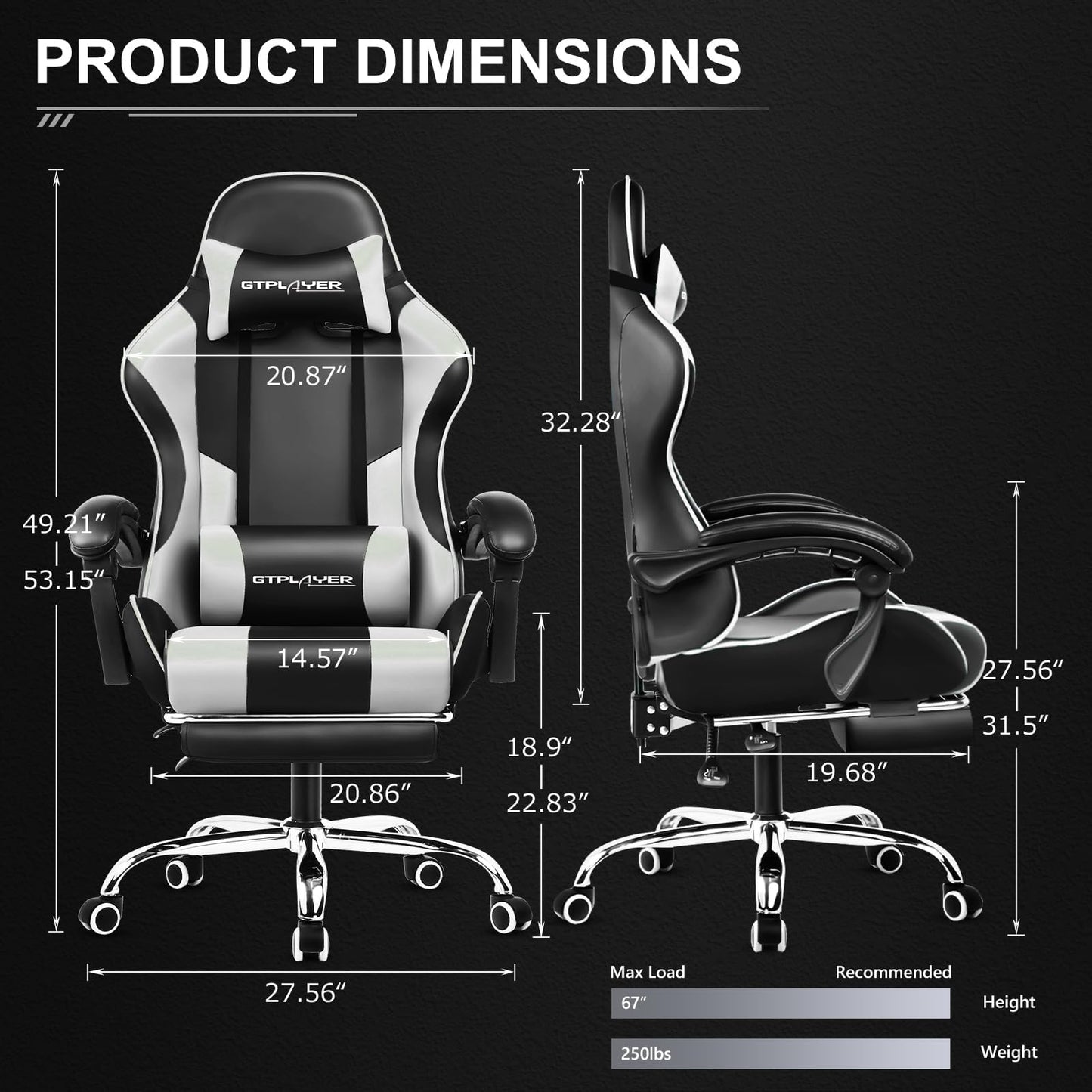 GTPLAYER Gaming Chair, Computer Chair with Footrest and Lumbar Support, Height Adjustable Game Chair with 360°-Swivel Seat and Headrest and for Office or Gaming (Snow White) - Medaid International