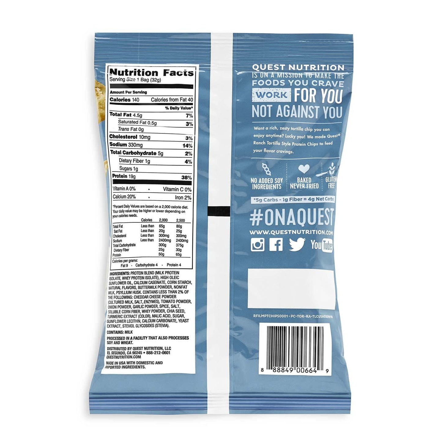 Quest Nutrition Tortilla Style Protein Chips, Ranch, Low Carb, Gluten Free, Baked, 1.1 Ounce (Pack of 8) - Medaid International
