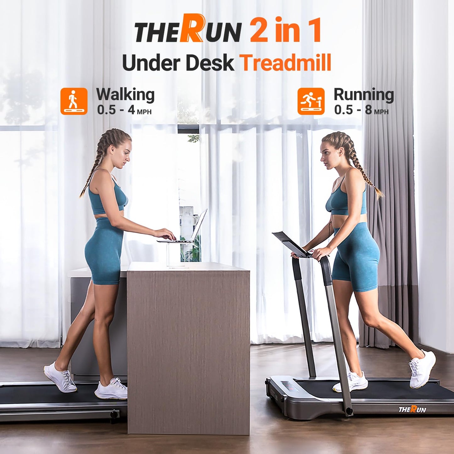 THERUN Walking Pad Treadmill, 3.0 HP Under Desk Treadmills, 2 in 1 Portable Treadmill for Home, Walking Pad with Handle Bar, 18" Widened Running Belt, 350 lbs Capacity with App Connection, Remote - Medaid International