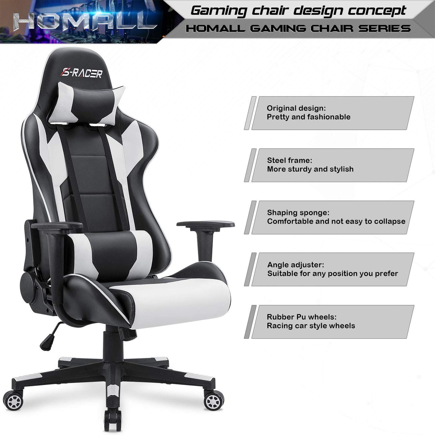 Homall Gaming Chair, Office Chair High Back Computer Chair Leather Desk Chair Racing Executive Ergonomic Adjustable Swivel Task Chair with Headrest and Lumbar Support (White) - Medaid International