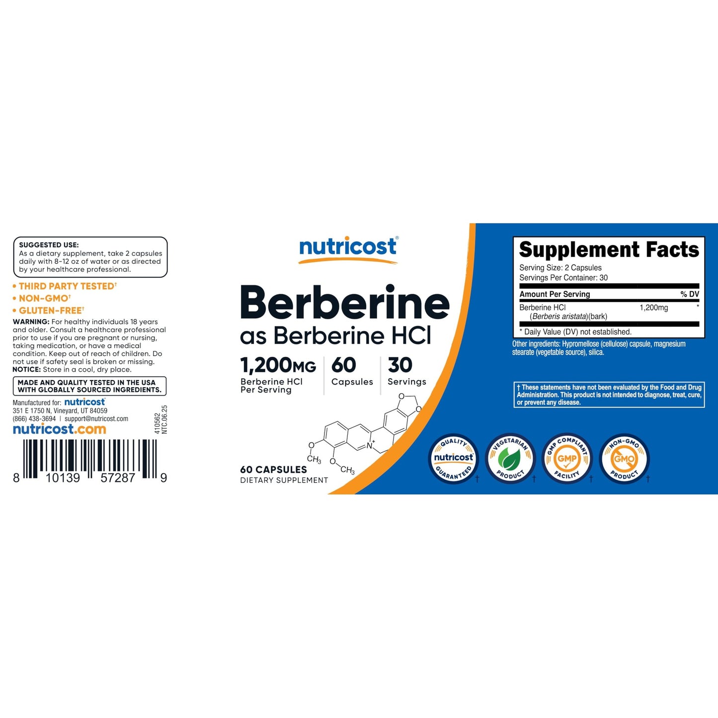 Nutricost Berberine HCl 1200mg , 60 Vegetarian Capsules - Gluten Free & Non-GMO - Medaid International