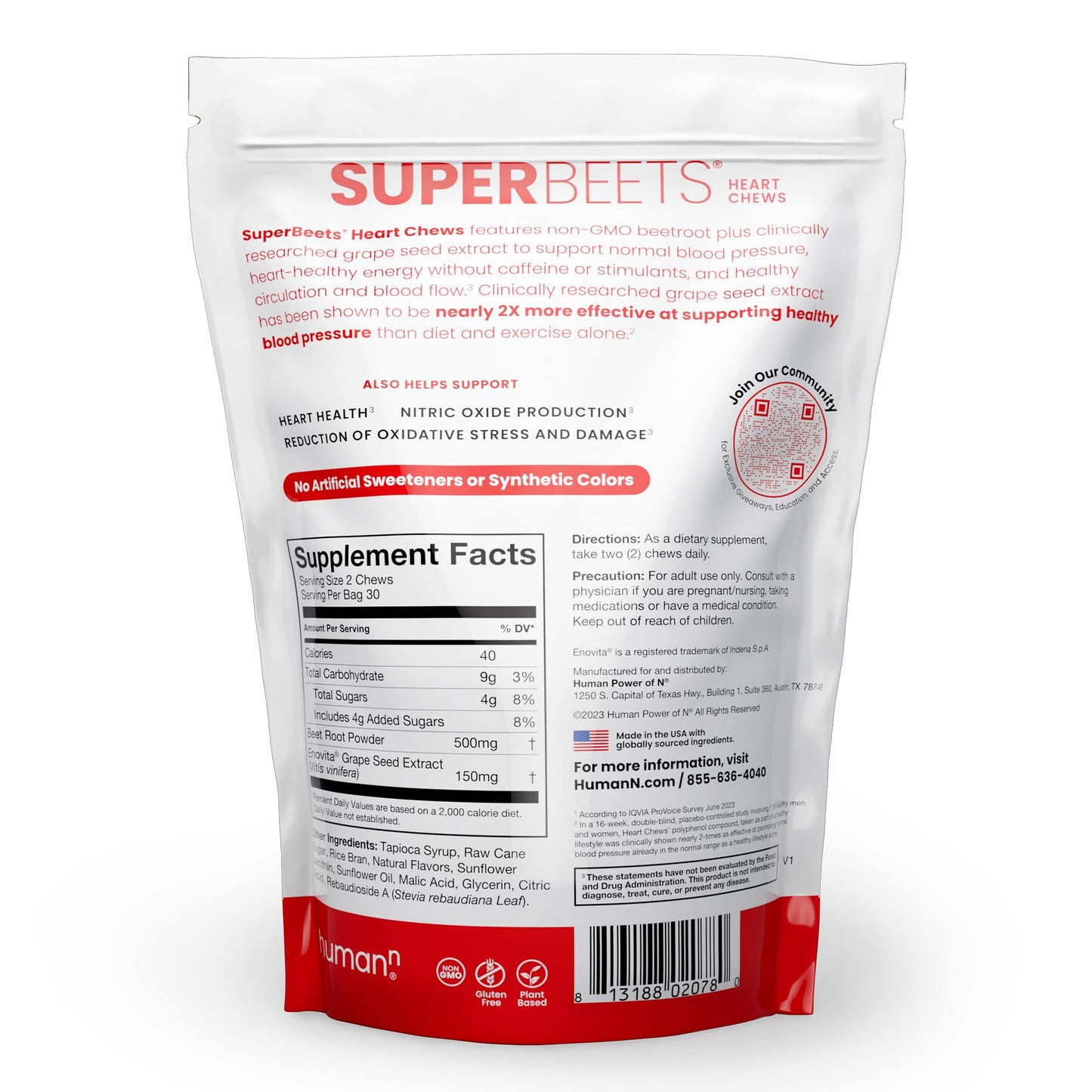 HumanN SuperBeets Heart Chews, Nitric Oxide and Blood Pressure Support, Grape Seed Extract & Non-GMO Beet Root Powder Energy Supplement, Pomegranate Berry Flavor, 60 Count - Medaid International