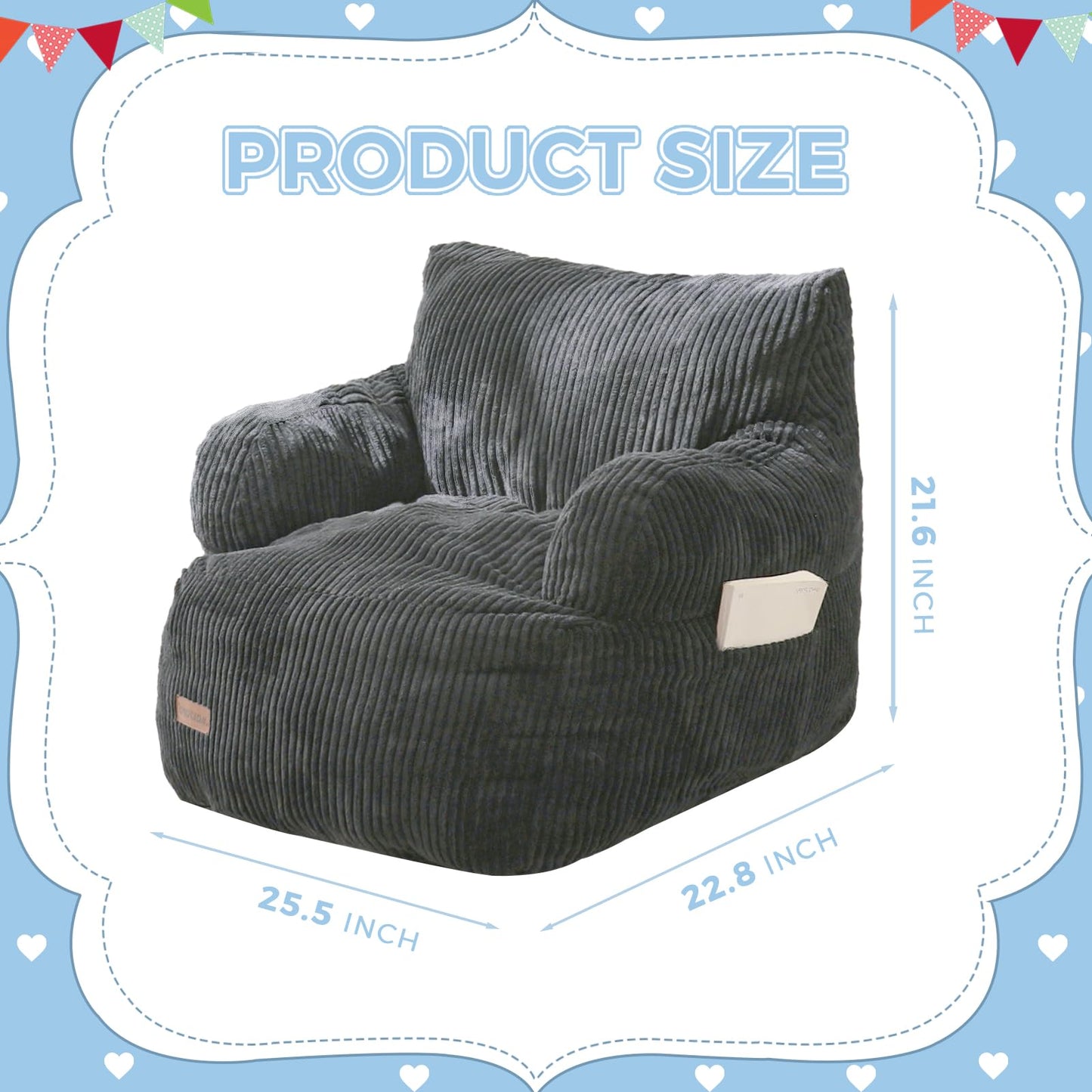 MAXYOYO Kids Bean Bag Chair, Stuffed Toddler Bean Bag Sofa with Filler Bean Bag Chair for Boys and Girls, Lazy Sofa with Pocket Floor Chair for Gaming, Reading, Dark Grey - Medaid International