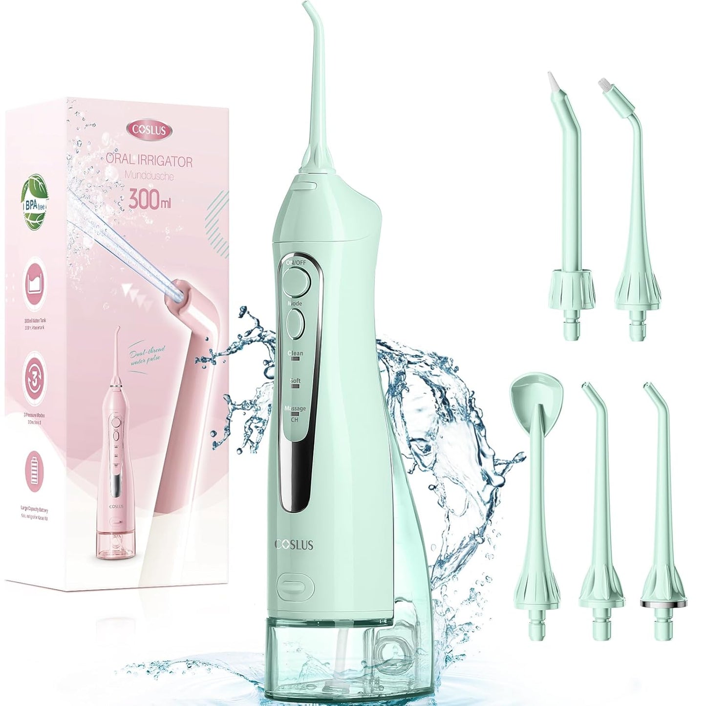 COSLUS Water Dental Flosser Teeth Pick: Portable Cordless Oral Irrigator 300ML Rechargeable Travel Irrigation Cleaner IPX7 Waterproof Electric Waterflosser Flossing Machine for Teeth Cleaning F5020E - Medaid International