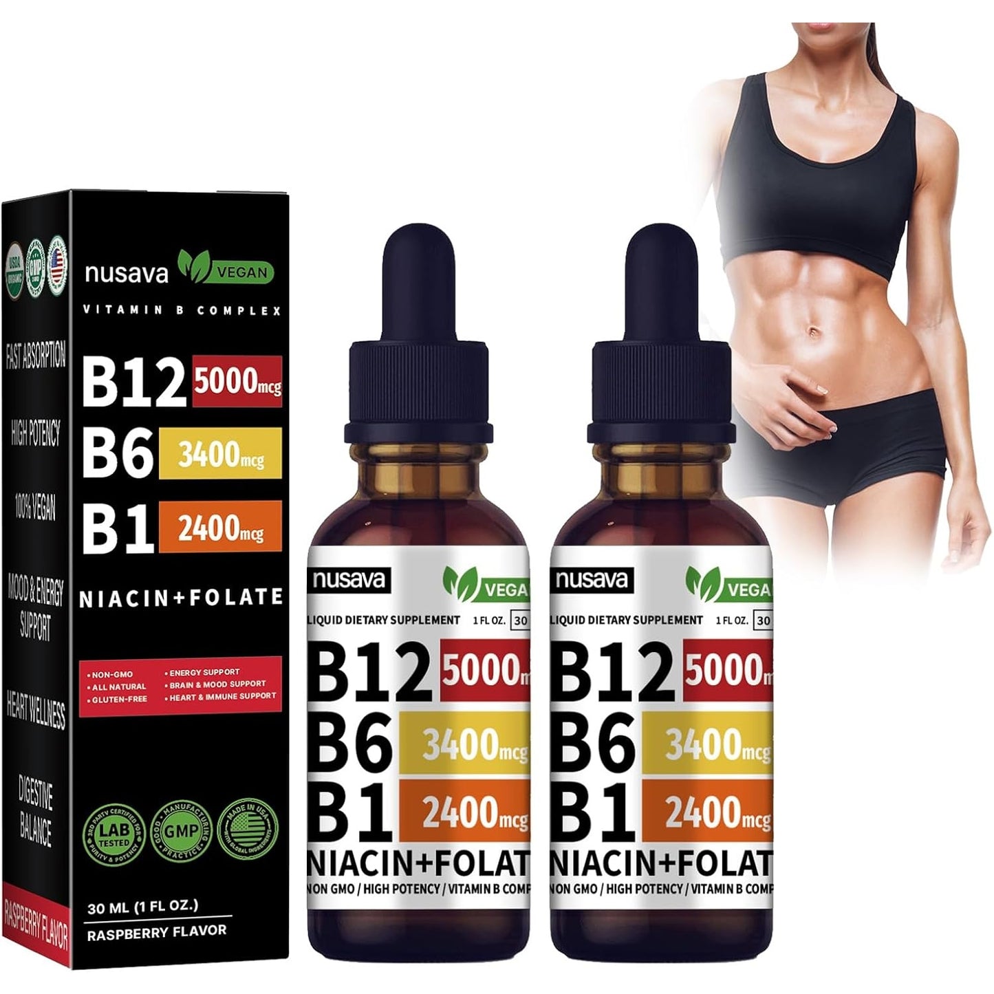 B12 Vitamins 5000 Mcg, Vitamin B12 Sublingual, B12 Methylcobalamin, Vitamin B Complex with Vitamin B6, B12 Liquid Drops Maximize Absorption and Energy 2Pcs - Medaid