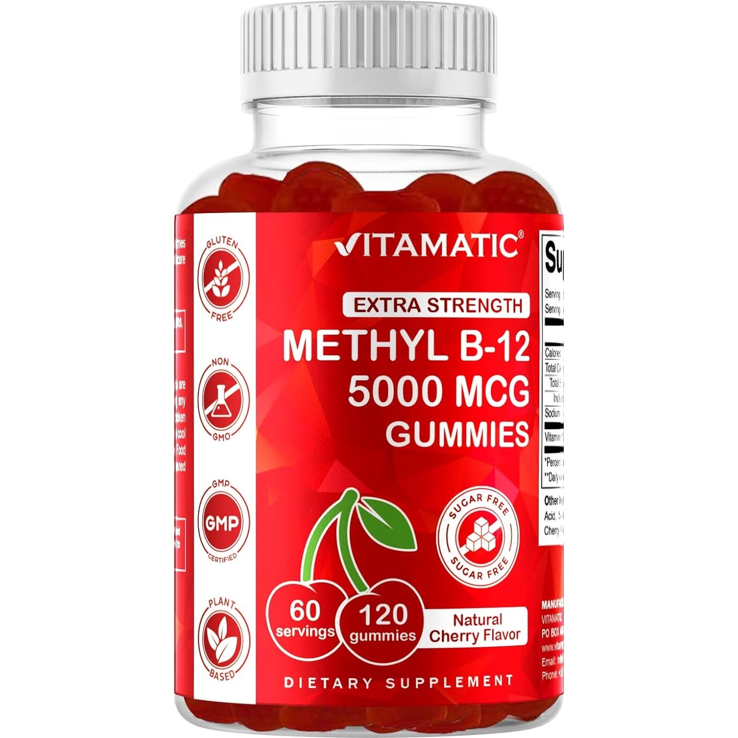 Vitamatic Extra Strength Vitamin B12 5000 mcg (Methyl B12) Gummies - 120 Count - Energy Metabolism Support and Nervous System Health Support, Natural Cherry Flavored (1) - Medaid