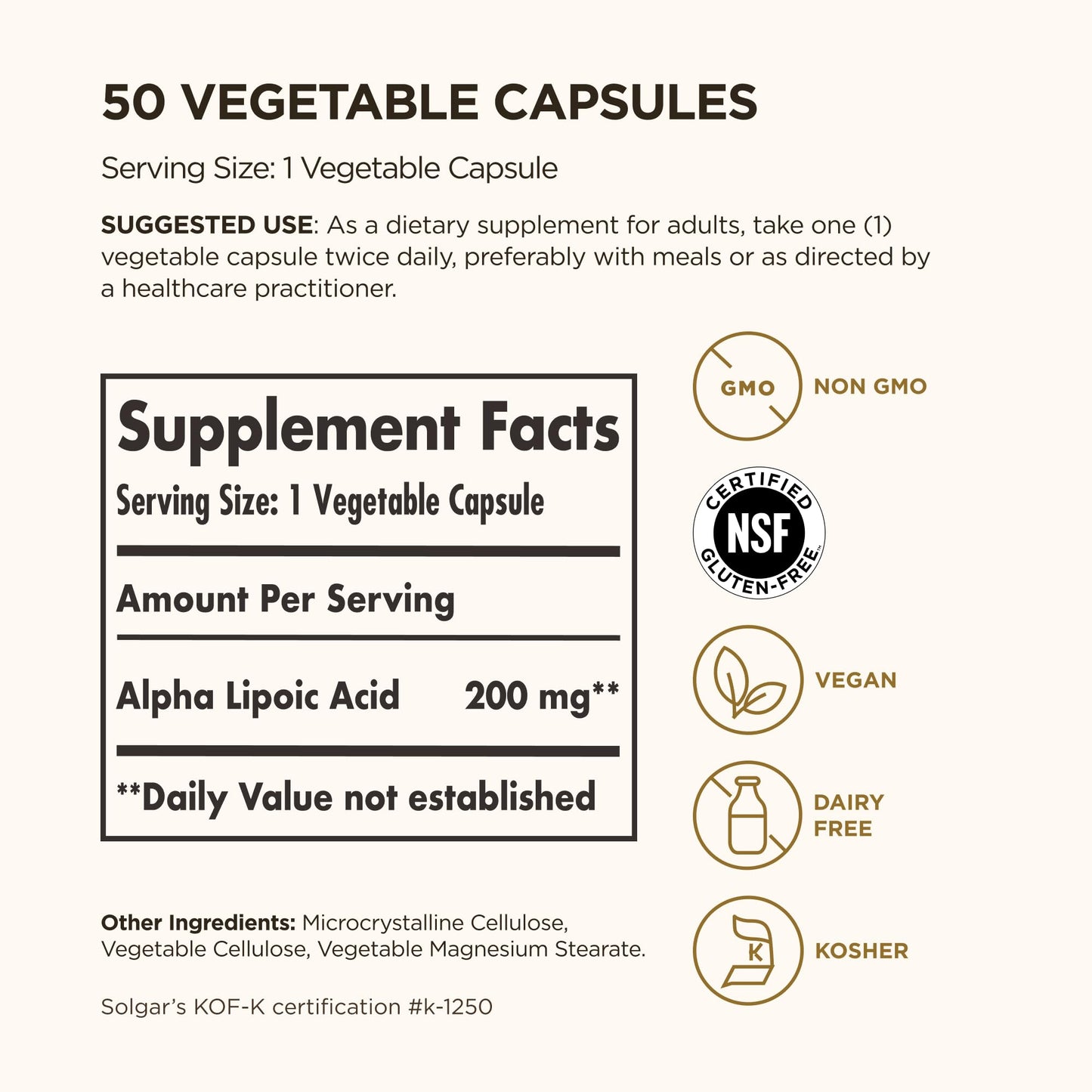 Solgar Alpha Lipoic Acid 200 mg, 50 Vegetable Capsules - Antioxidant Support - Helps to Recycle Glutathione, Vitamin C & E, CoQ-10 - Non-GMO, Vegan, Gluten Free, Dairy Free, Kosher - 50 Servings - Medaid International