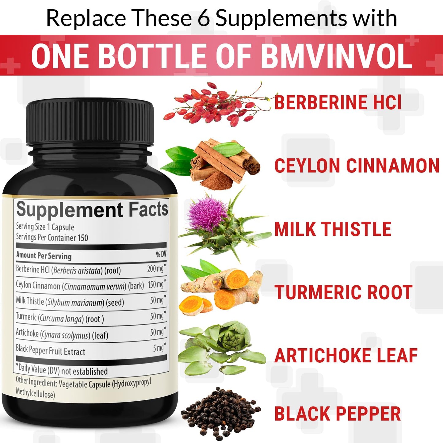 Berberine with Ceylon Cinnamon, Turmeric, Milk Thistle, Artichoke, Black Pepper - 150 Count - Pack of 1 - Medaid International