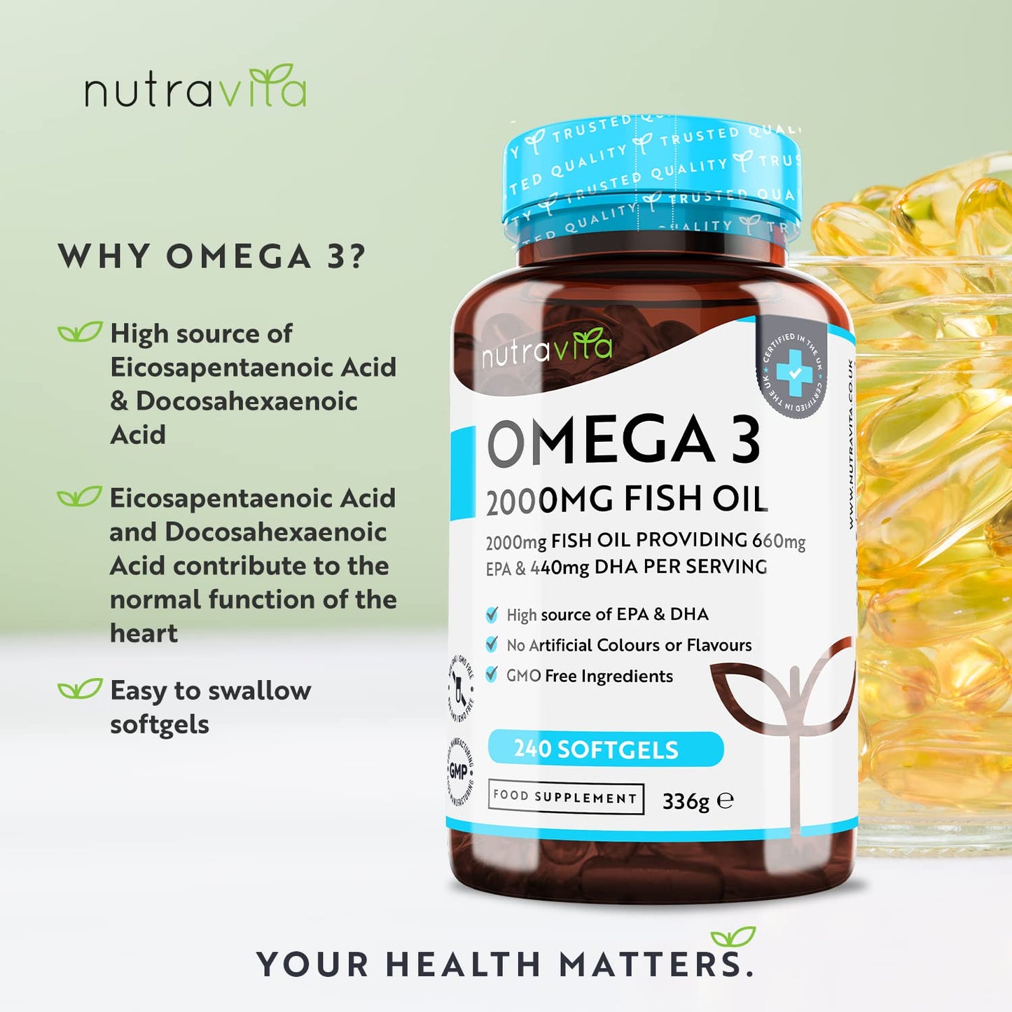 Omega 3 Pure Fish Oil 2000mg – 660mg EPA & 440mg DHA per Daily Serving – 240 Softgel Capsules – 4 Months Supply – for Maintenance of Normal Heart and Brain Function – Made in The UK by Nutravita - Medaid International