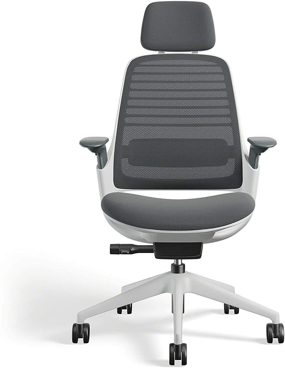 Steelcase Series 1 Office Task Chair with Headrest Black Frame 3D Microknit Back 4-Way Adjustable Arms Carpet Casters and Blue Jay 5S21 Cogent Connect Upholstery - Medaid International