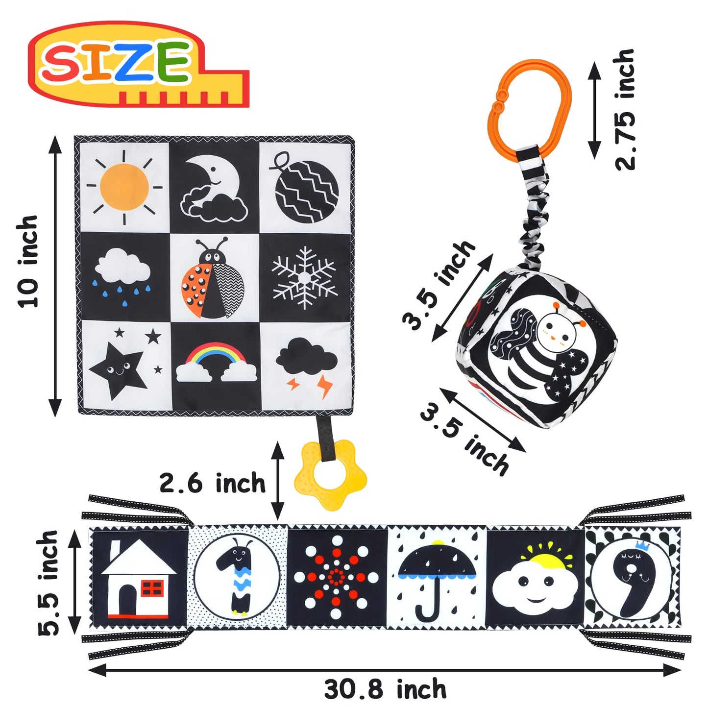 KUANGO 3 PCS Black and White High Contrast Baby Toys Newborn Toys 0-6 Months, Visual Stimulation Sensory Soft Book, Infant Tummy Time Toys 0-3-6 Months Baby Gifts - Medaid International