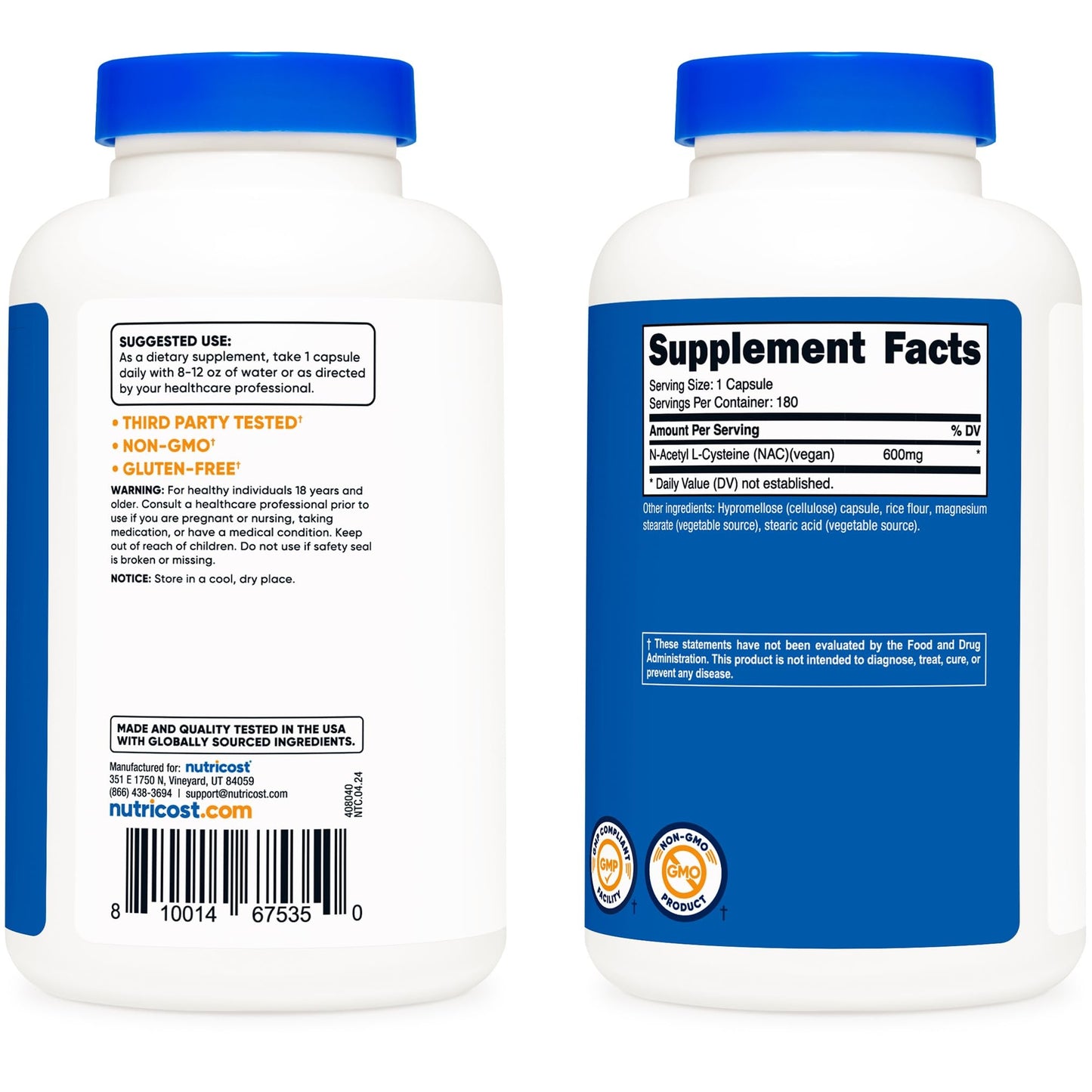 Nutricost N-Acetyl L-Cysteine (NAC) 600mg, 180 Capsules - Non-GMO, Gluten Free - Medaid International