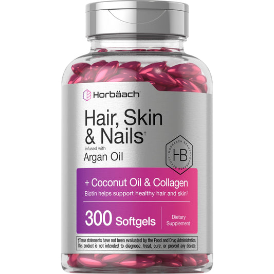 Horbäach Hair Skin and Nails Vitamins | 300 Softgels | with Biotin and Collagen | Infused with Argan Oil and Coconut Oil | Non-GMO, Gluten Free Supplement - Medaid International