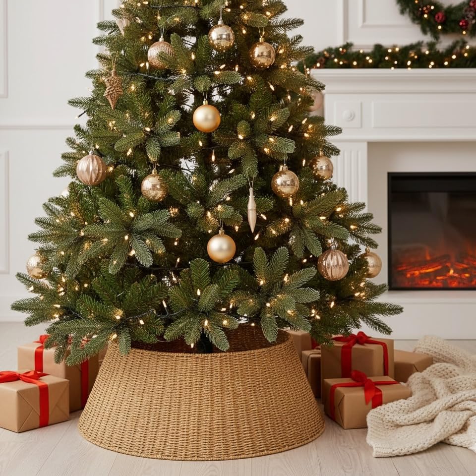 27in Farmhouse Christmas Tree Collar - Tree Basket - Natural Woven - Base Cover for Christmas Tree - Tree Skirt - Tree Ring - Medaid International