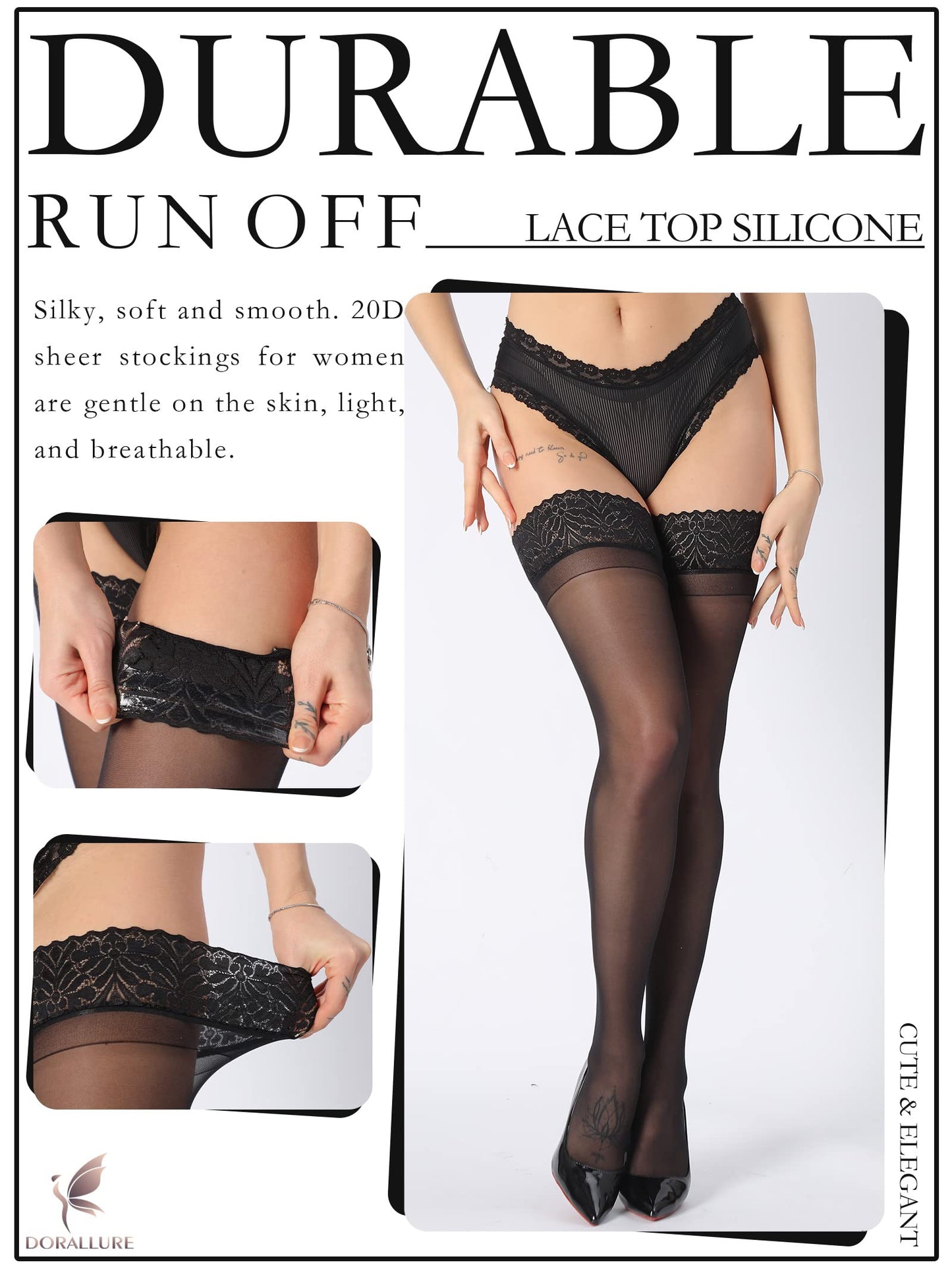 DORALLURE Thigh High Stockings Silicone Lace Top Stay Up Silky Semi Sheer Pantyhose for Women Hold Up Nylon,Black - Medaid International