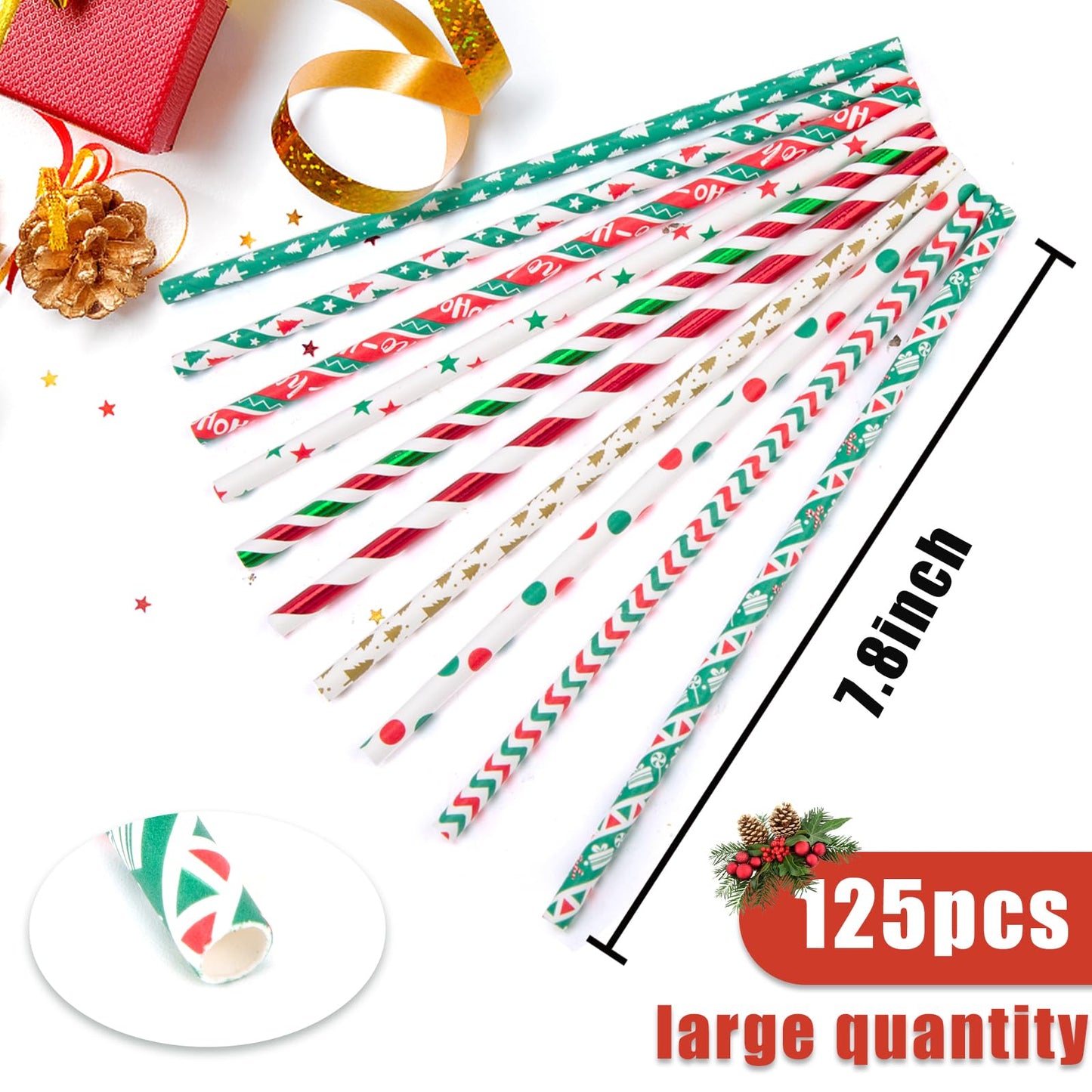 125PCS Christmas Paper Straws, 10 Styles Paper Drinking Straws Red and Green Stripes for Xmas Party, Wedding Favors, DIY Crafts - Medaid International