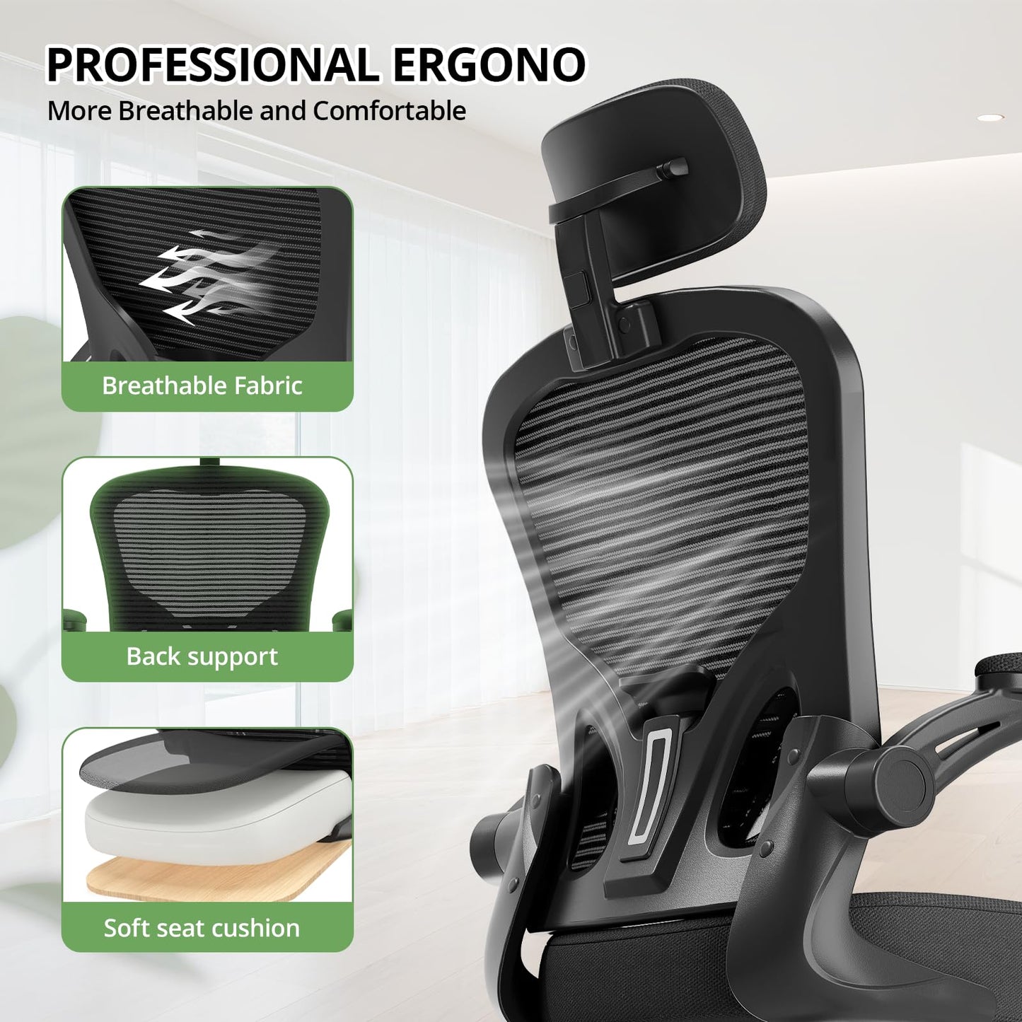 Office Chair Ergonomic Desk Chair, 330LBS Capacity, High Back Computer Chair for Long Hours Comfortable, Rolling Swivel Executive Task Chair for Home Office with Flip-up Armrests, Black - Medaid International