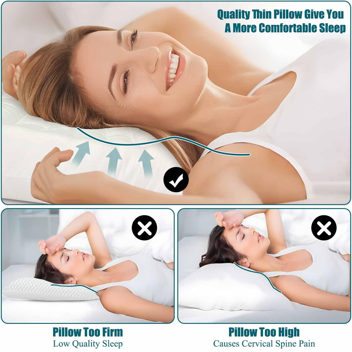 iFaon Ultra Flat Thin Pillows for Sleeping Standard Size, 2-1/2" High Slim Bed Pillow for Back Stomach Sleepers Down Alternative Filling Hypoallergenic White 18x26 in - Medaid International