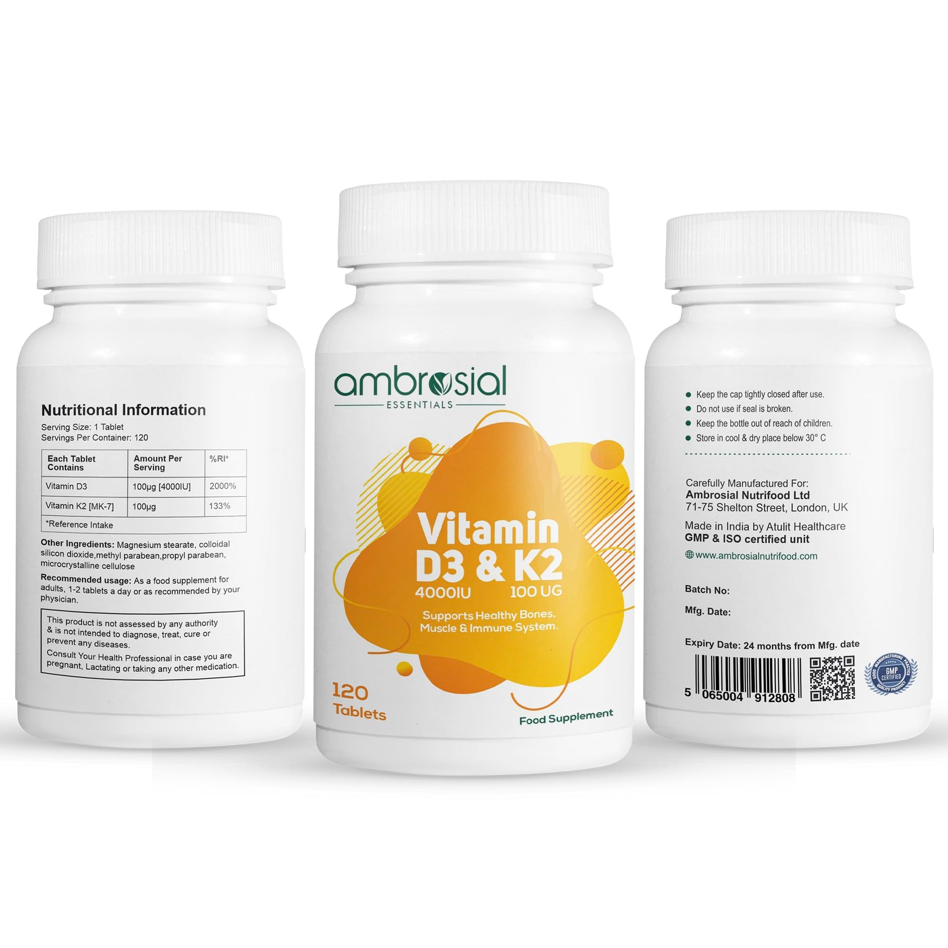 AMBROSIAL Vitamin D3 & K2 Tablets Pack of 1-120 Tablets - Medaid International