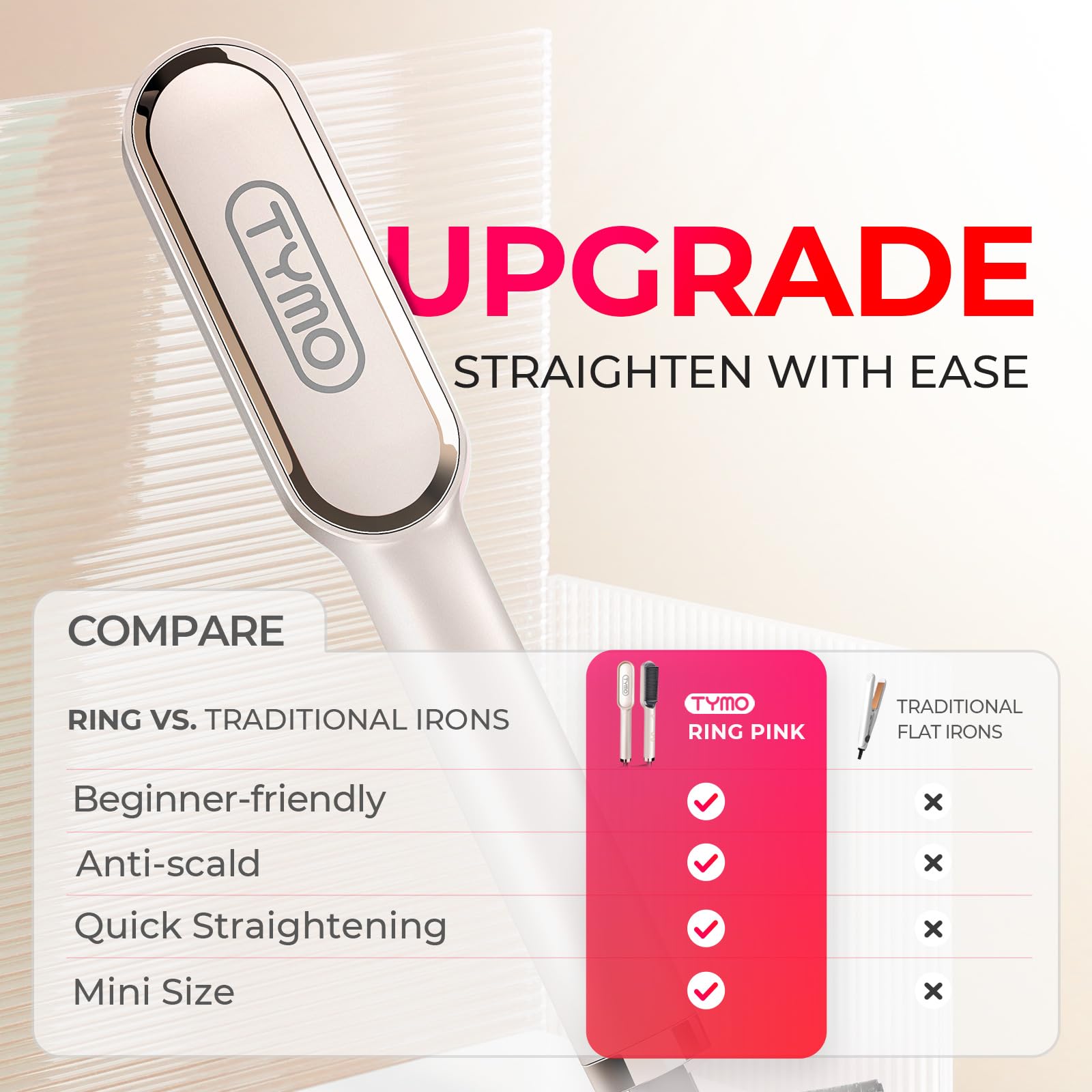 Hair Straightener Brush, TYMO Ring Hair Straightener Comb Straightening Brush for Women with 5 Temps 20s Fast Heating & Dual Voltage, Gold - Medaid International