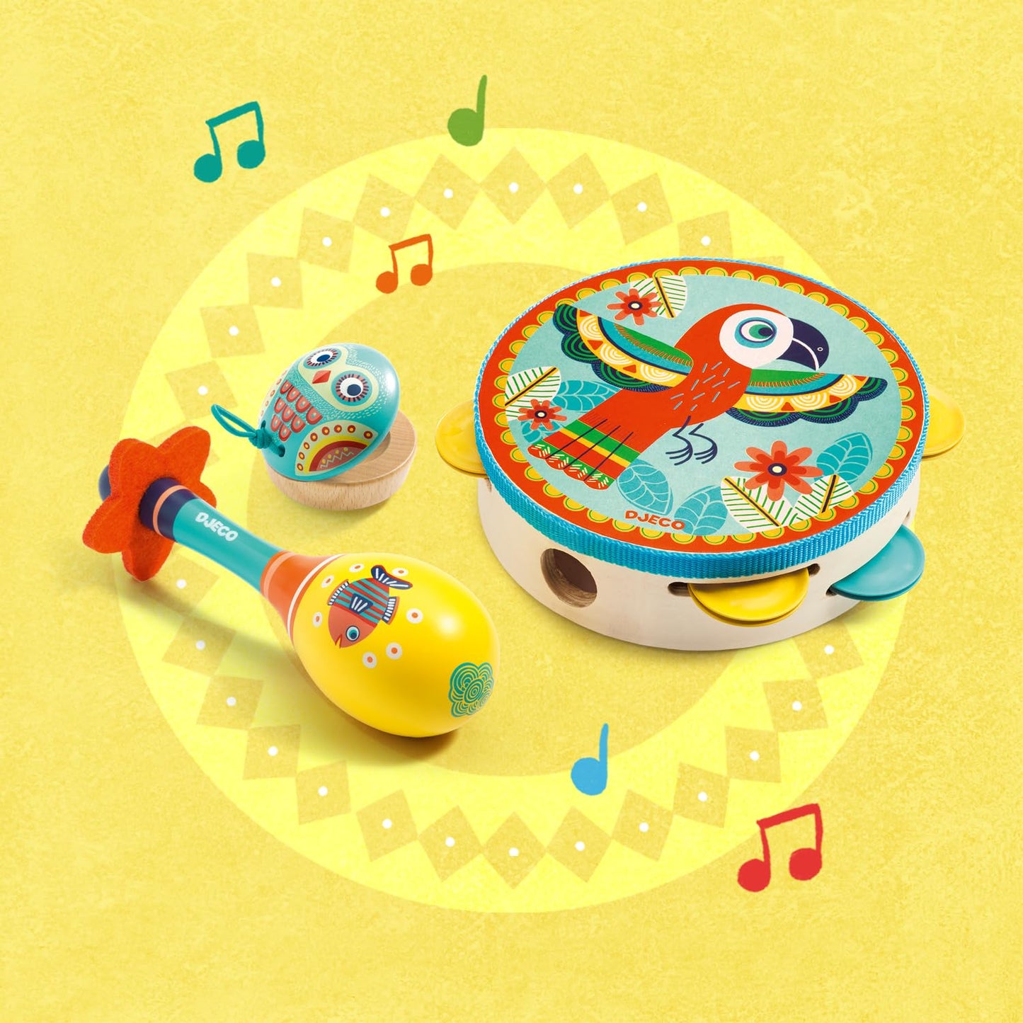 DJECO Animambo Tambourine, Maraca, Castanet Music Instrument Set - Cute Parrot, Fish & Owl Design Toddler Educational Musical Toy for Creativity & Rythym - Toys for 3+ Years Girls & Boys - Medaid International