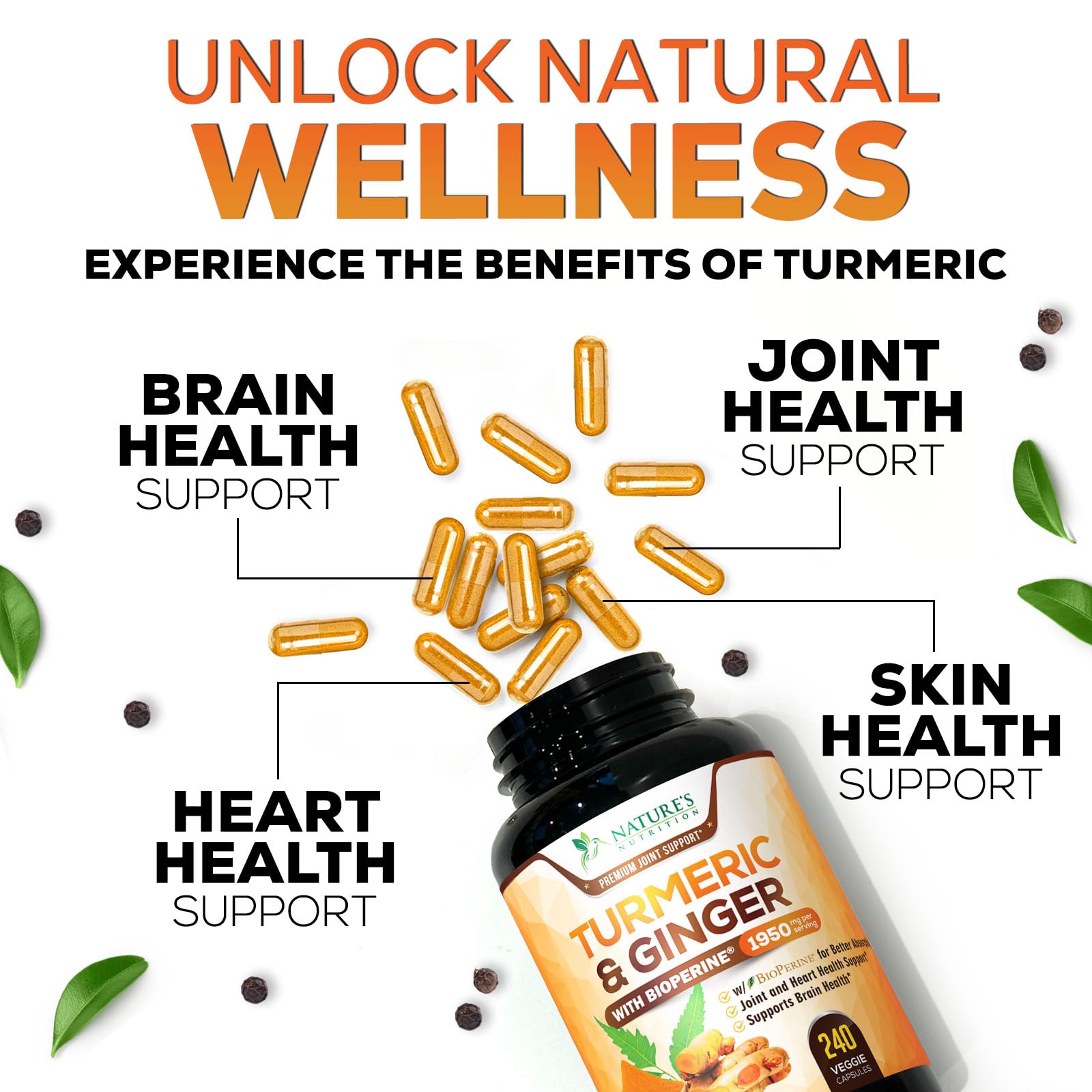 Turmeric Curcumin Supplement 1950mg - 95% Curcuminoids with Organic Turmeric & Ginger, BioPerine Black Pepper for Best Absorption, Nature's Vegan Joint Support, Non-GMO, Bottled in USA - 240 Capsules - Medaid International