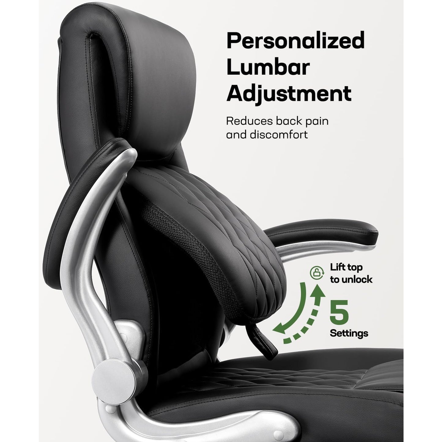 Marsail Ergonomic PU-Leather Office Chair: 5 Settings Lumbar Support, Executive Office Chair Height Adjustable with Padded Flip-up Arms, Executive Desk Chair for Working Study-Black - Medaid International