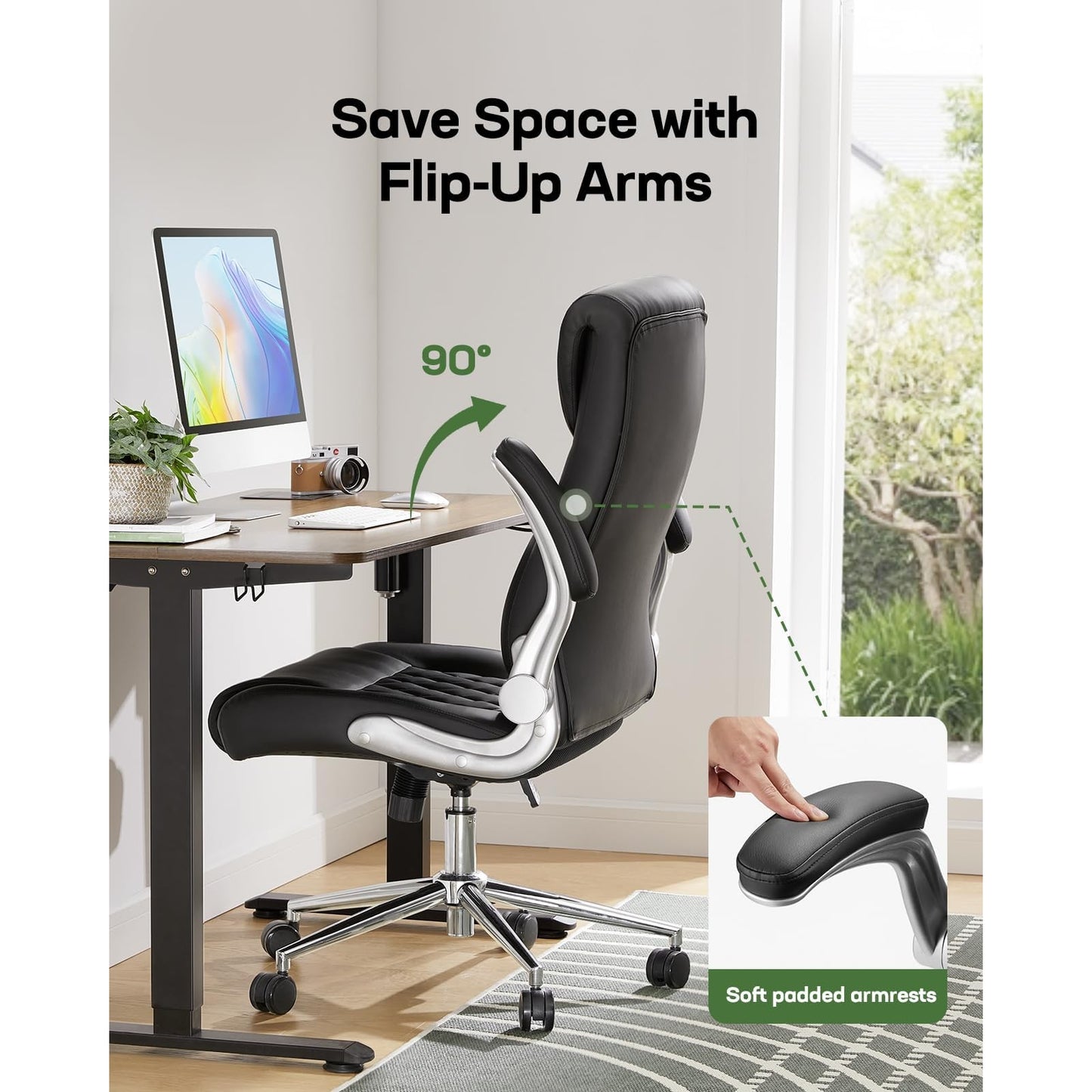 Marsail Ergonomic PU-Leather Office Chair: 5 Settings Lumbar Support, Executive Office Chair Height Adjustable with Padded Flip-up Arms, Executive Desk Chair for Working Study-Black - Medaid International