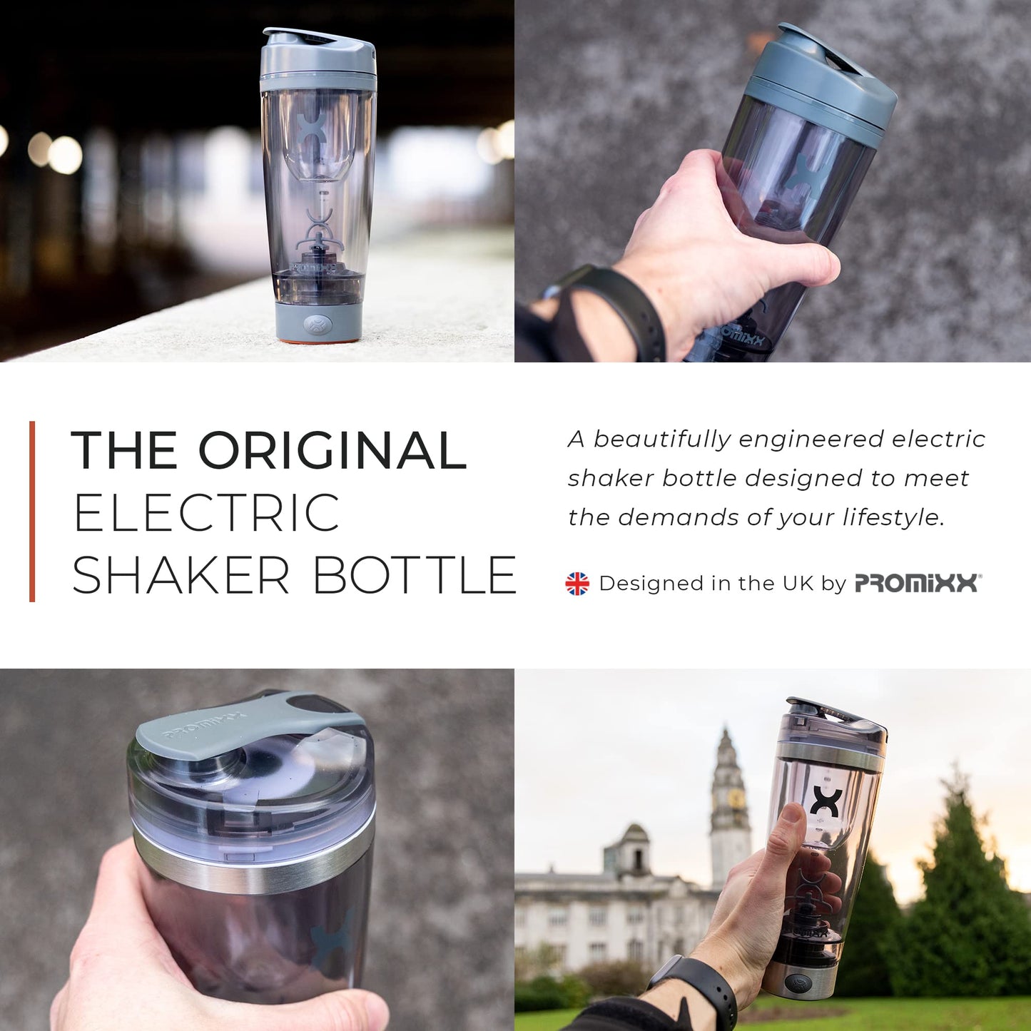 Promixx Pro Shaker Bottle | Rechargeable, Powerful for Smooth Protein Shakes | includes Supplement Storage - BPA Free | 20oz Cup (Graphite Gray) - Medaid International